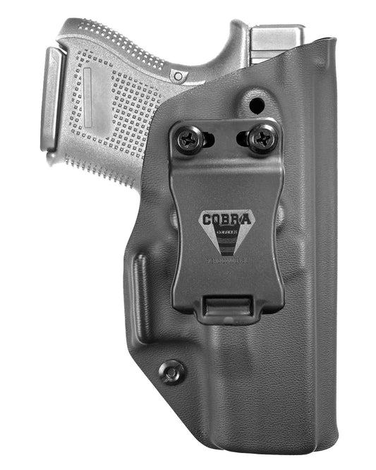 Coldre Kydex Cobra para Glock G26, porte interno (IWB), mao destro, cor preto, frente.