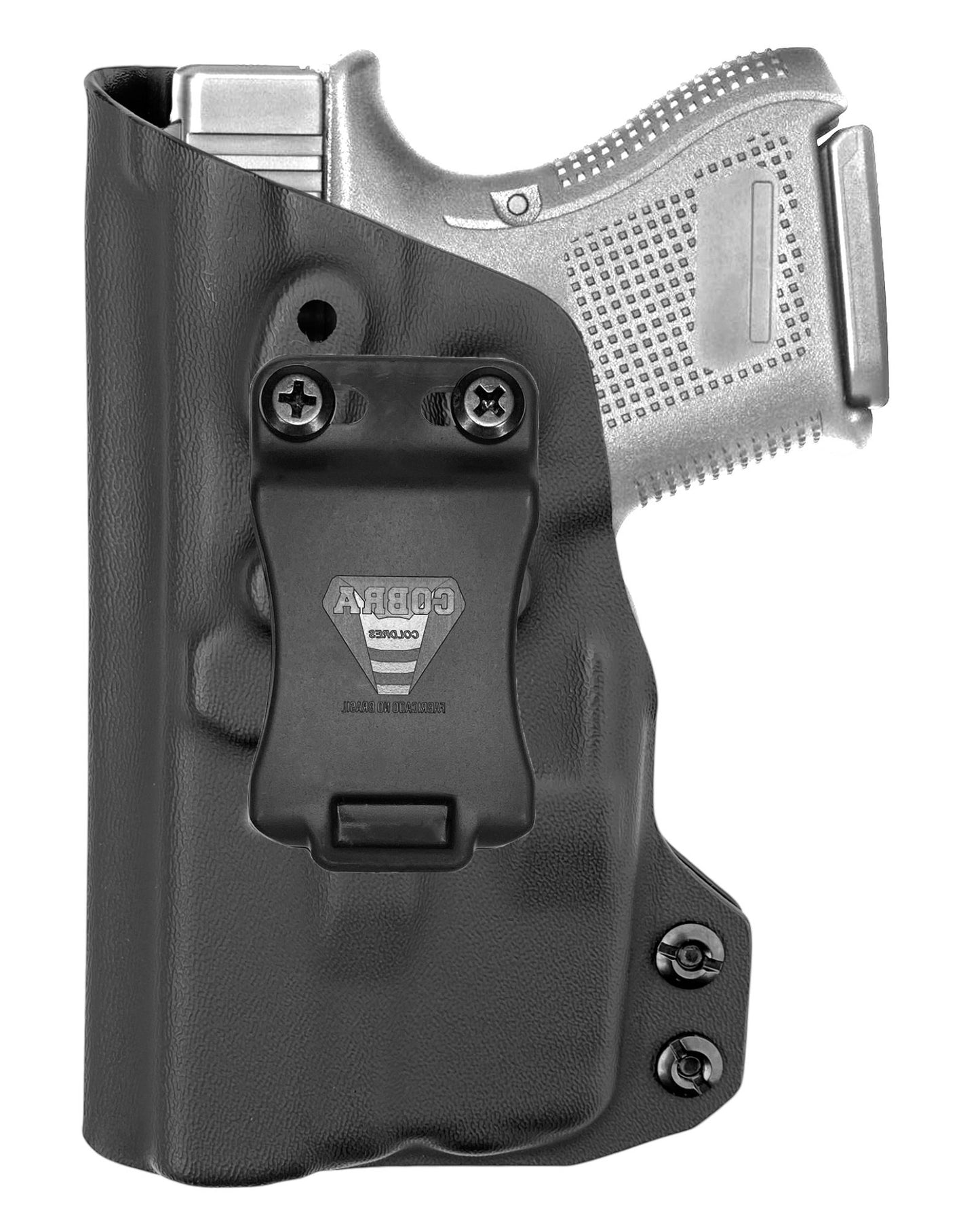 Coldre Kydex Cobra para Glock G26 Lanterna TLR-6, porte interno (IWB), mao canhoto, cor preto, frente.