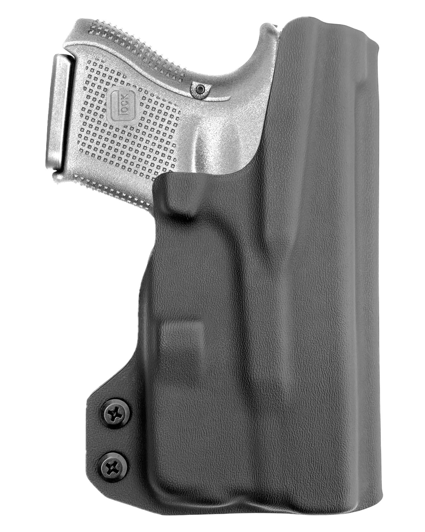 Coldre Kydex Cobra para Glock G26 Lanterna TLR-6, porte interno (IWB), mao canhoto, cor preto, traseira.