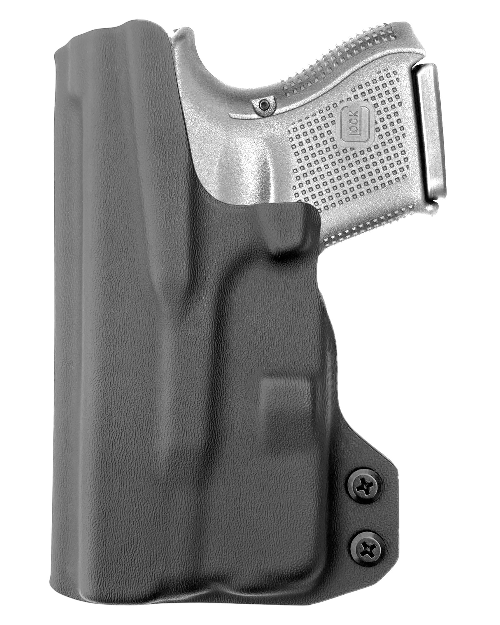 Coldre Kydex Cobra para Glock G26 Lanterna TLR-6, porte interno (IWB), mao destro, cor preto, traseira.