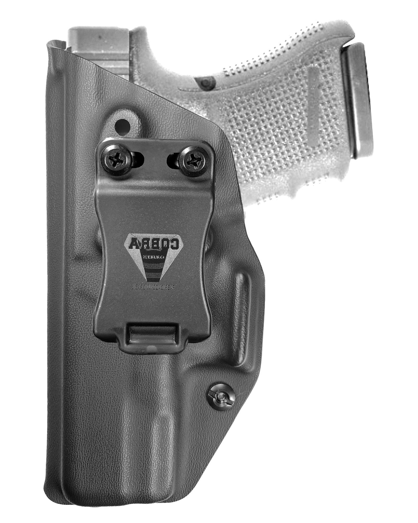 Coldre Kydex Cobra para Glock G30, porte interno (IWB), mao canhoto, cor preto, frente.