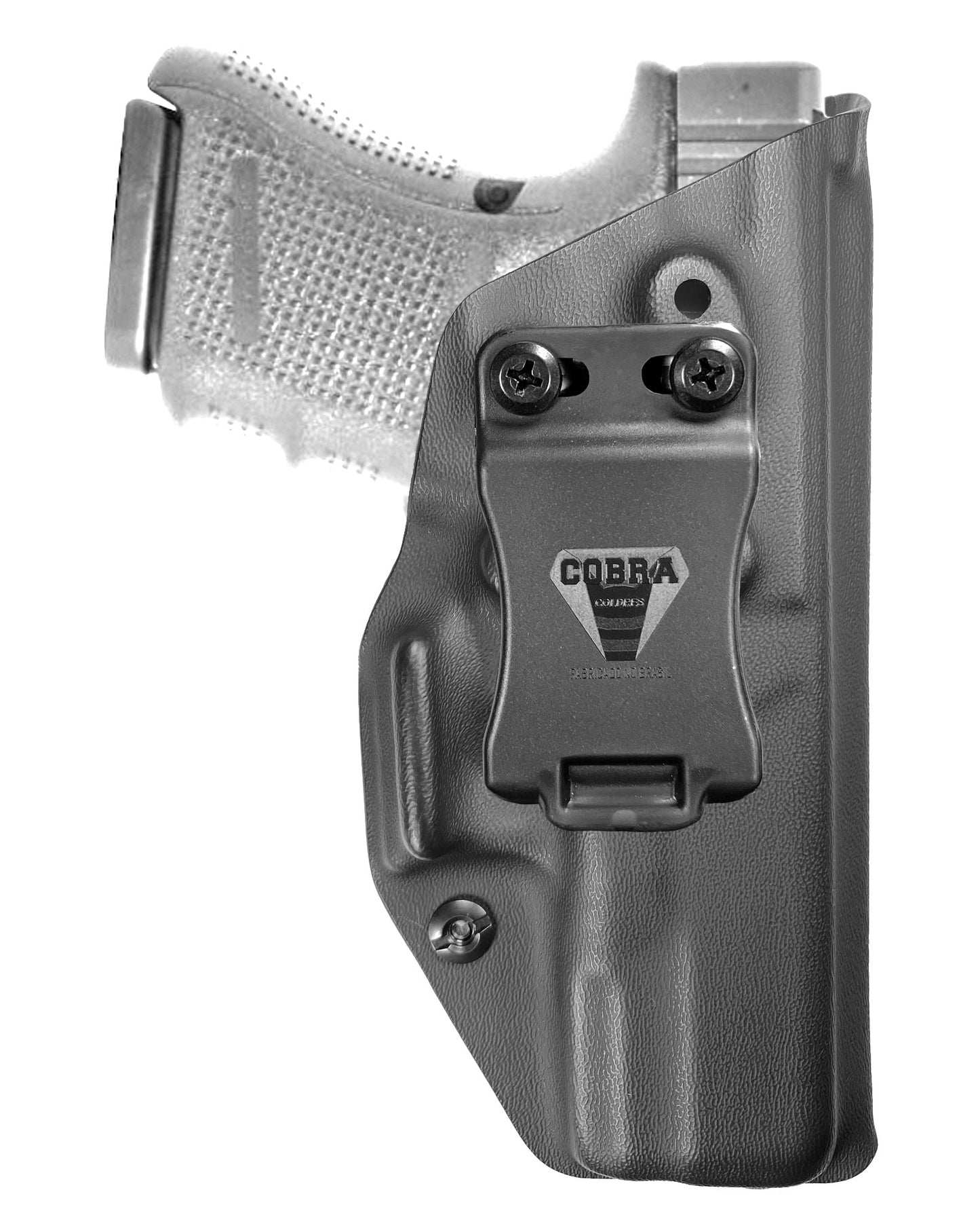 Coldre Kydex Cobra para Glock G30, porte interno (IWB), mao destro, cor preto, frente.