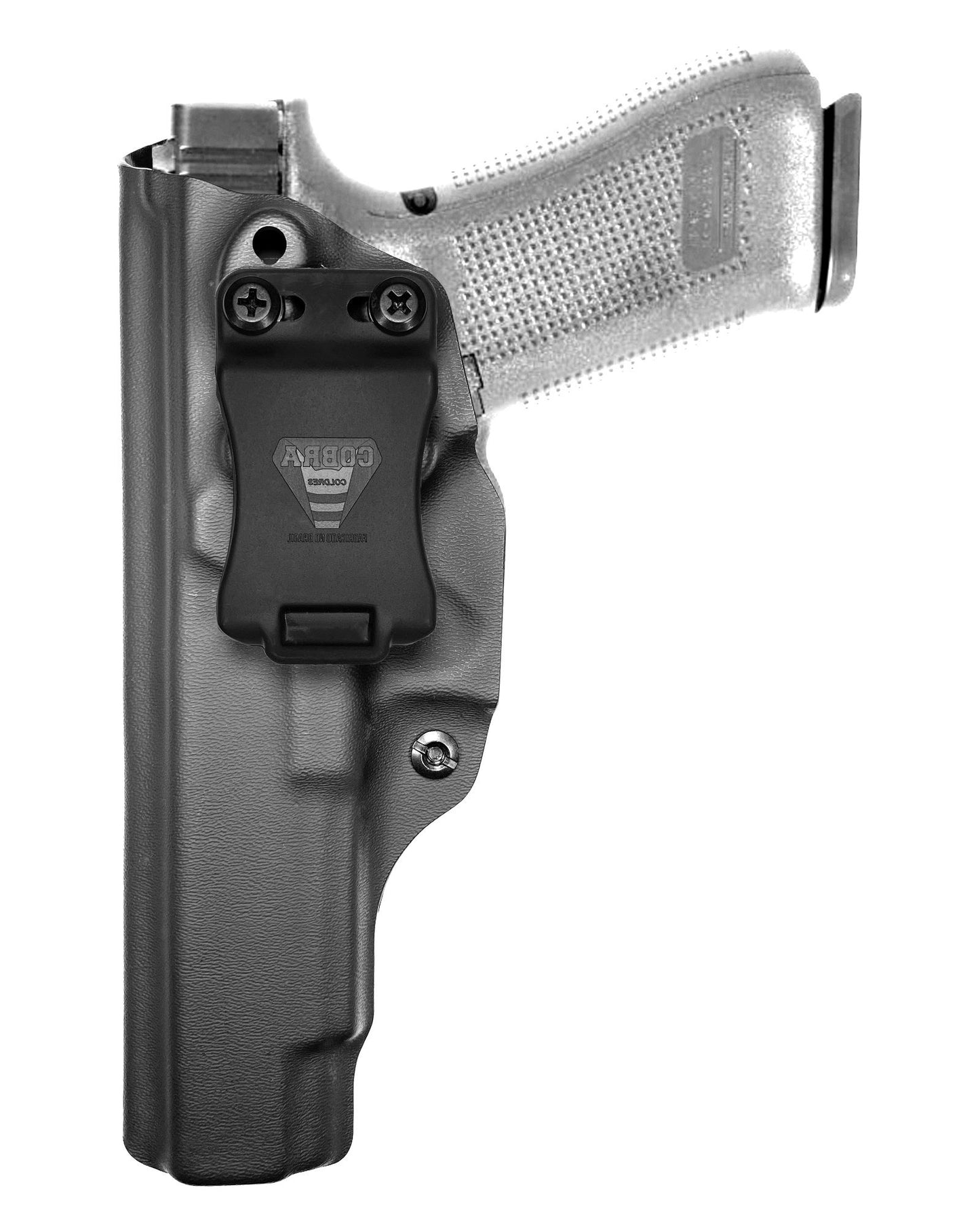Coldre Kydex Cobra para Glock G34, porte interno (IWB), mao canhoto, cor preto, frente.