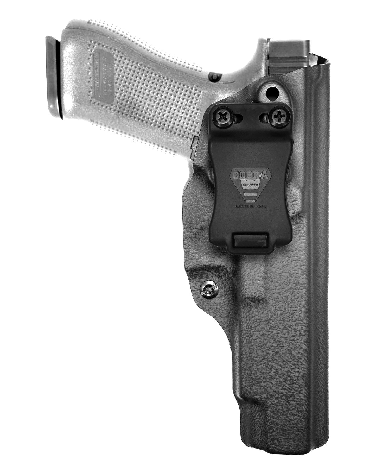 Coldre Kydex Cobra para Glock G34, porte interno (IWB), mao destro, cor preto, frente.