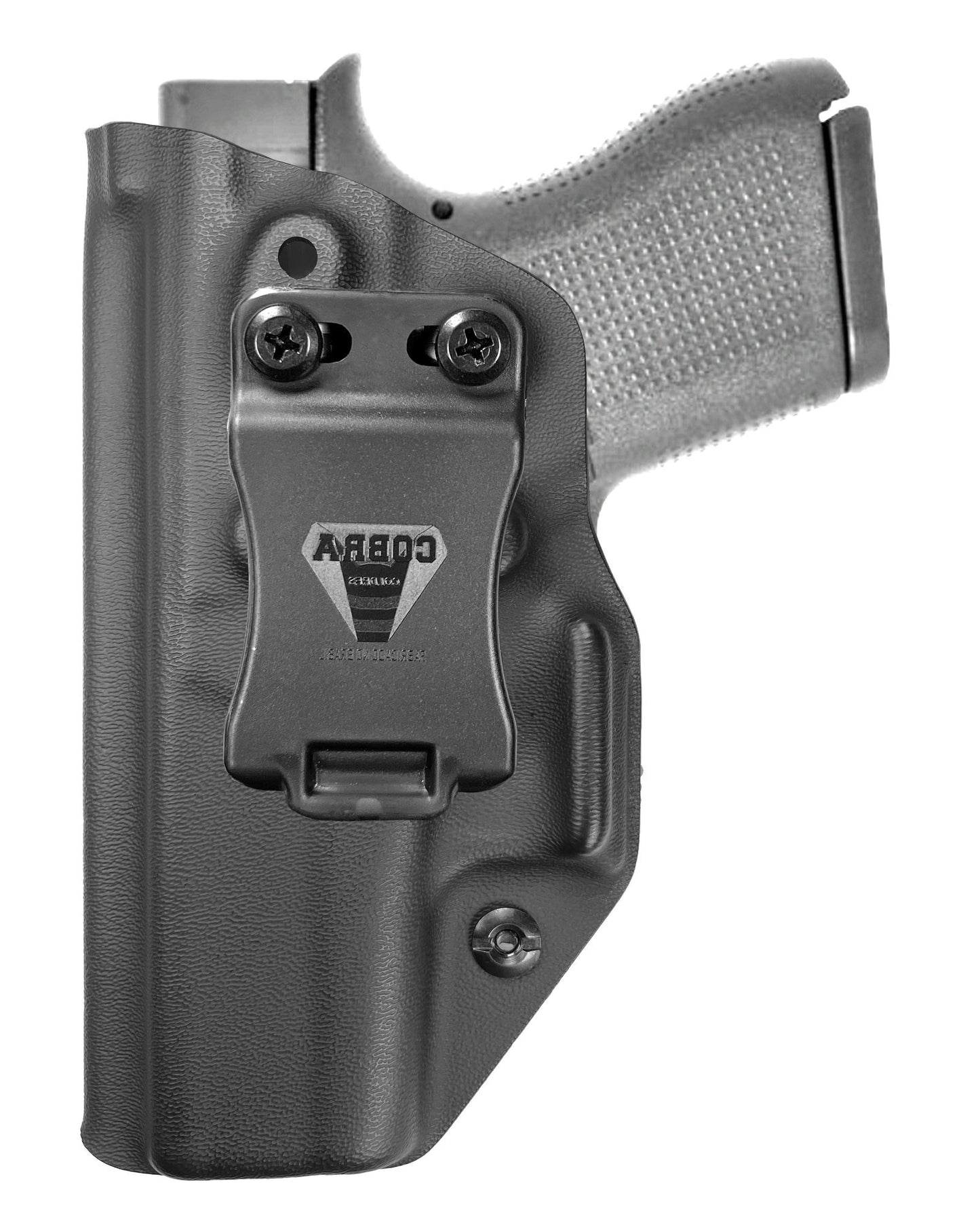 Coldre Kydex Cobra para Glock G42-G43, porte interno (IWB), mao canhoto, cor preto, frente.