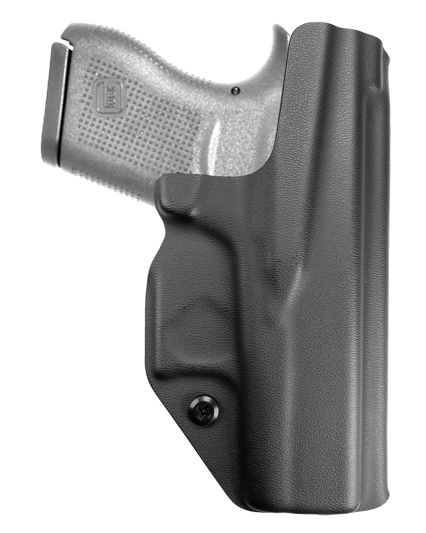Coldre Kydex Cobra para Glock G42-G43, porte interno (IWB), mao canhoto, cor preto, traseira.