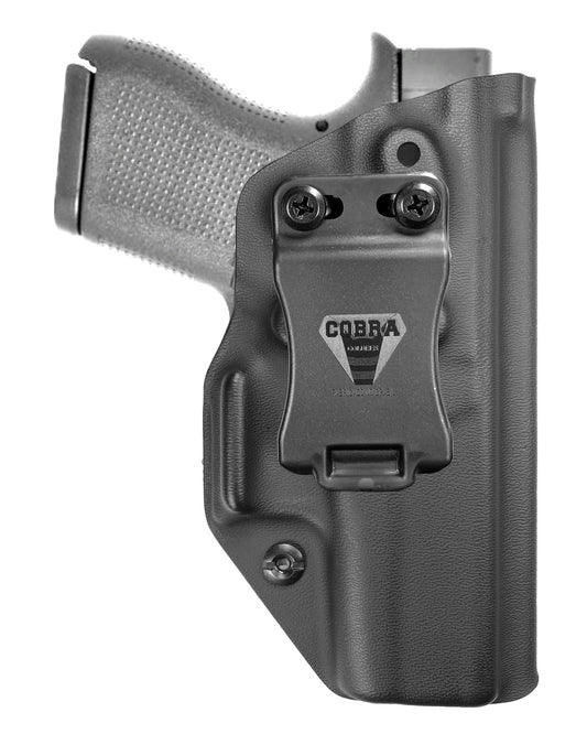 Coldre Kydex Cobra para Glock G42-G43, porte interno (IWB), mao destro, cor preto, frente.
