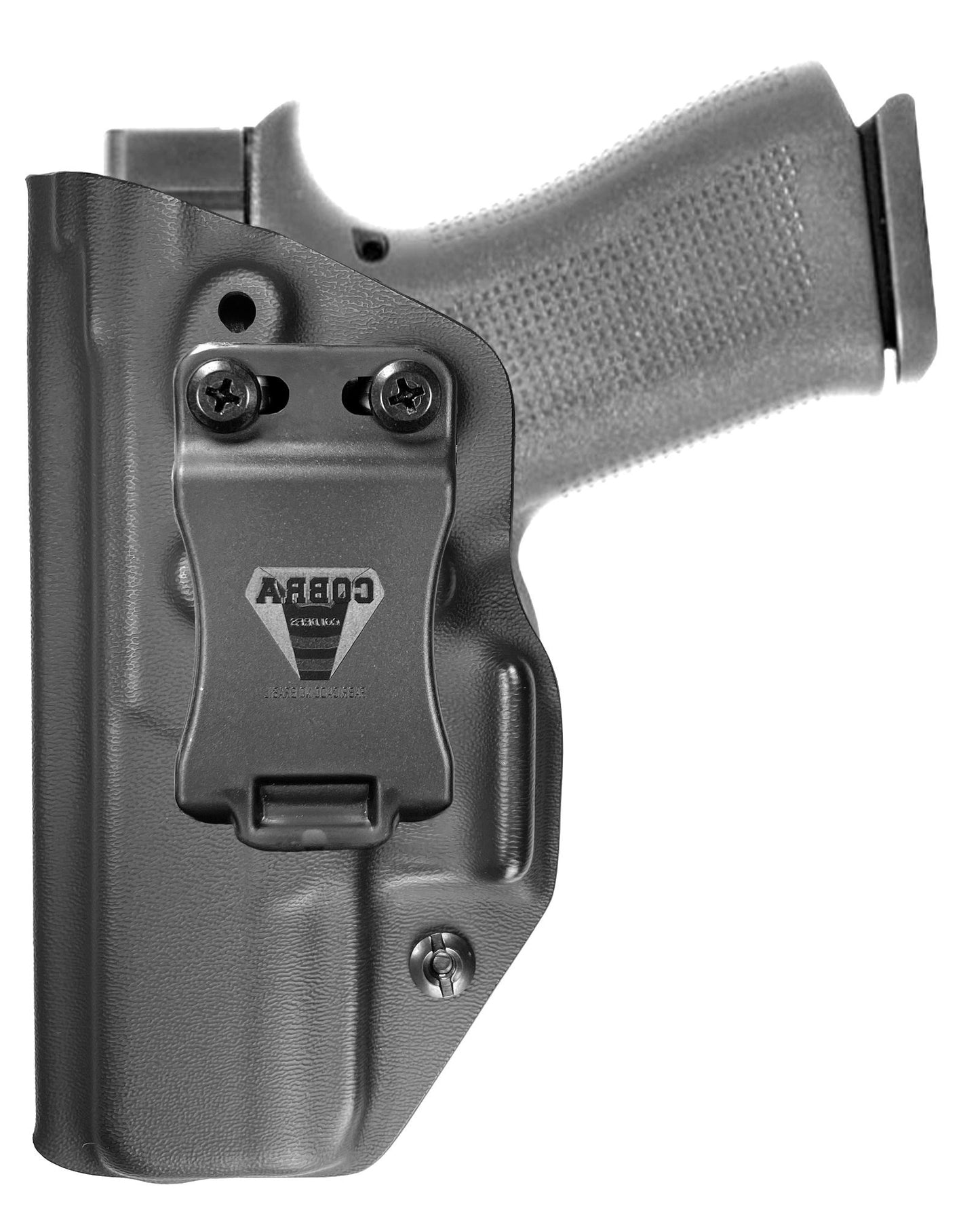 Coldre Kydex Cobra para Glock G43X, porte interno (IWB), mao canhoto, cor preto, frente.