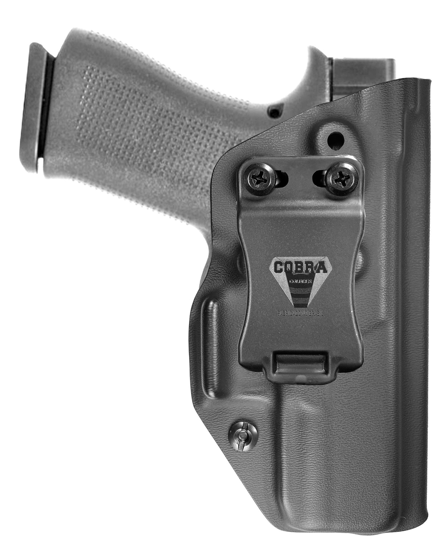 Coldre Kydex Cobra para Glock G43X, porte interno (IWB), mao destro, cor preto, frente.