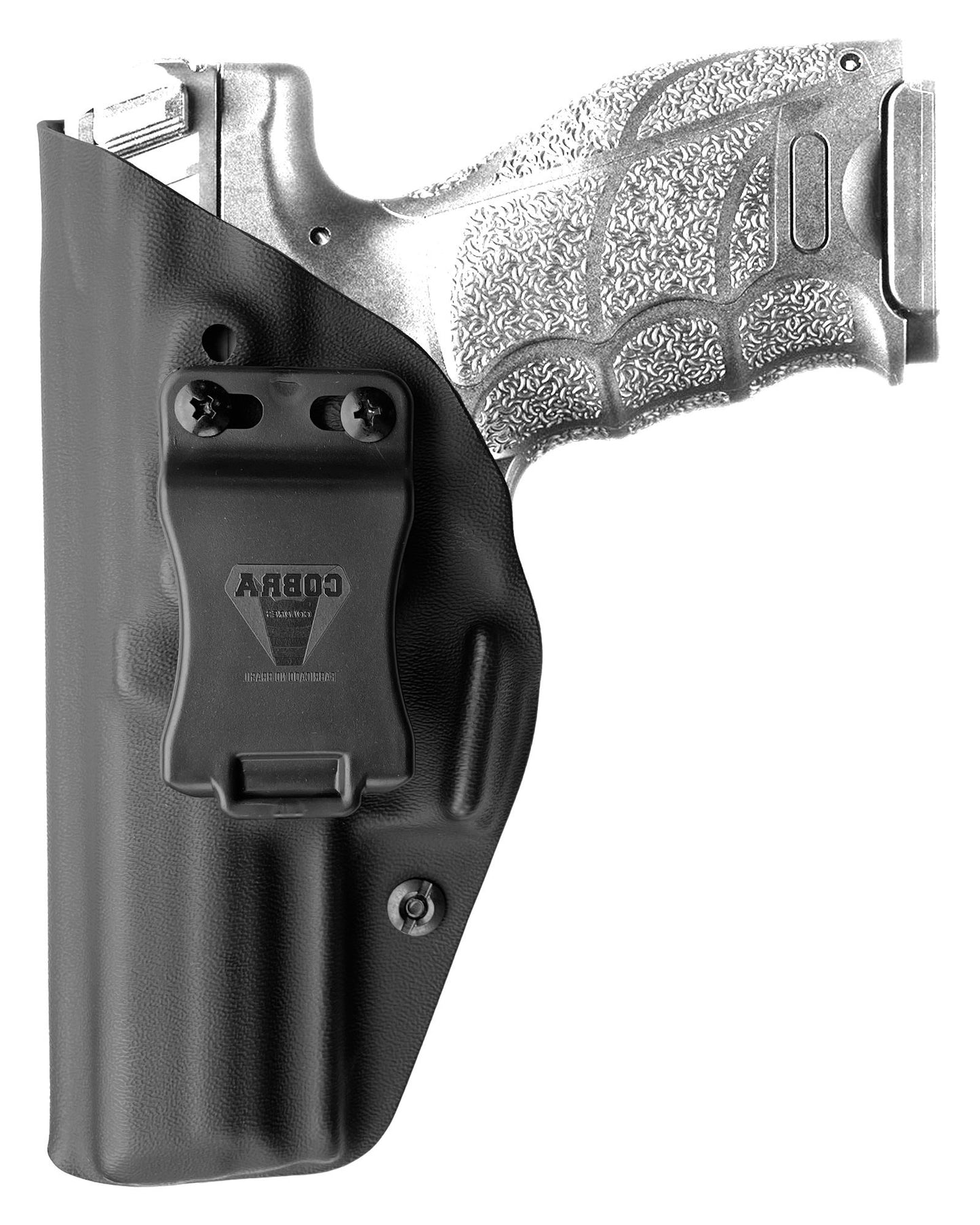 Coldre Kydex Cobra para HK VP9, porte interno (IWB), mao canhoto, cor preto, frente.