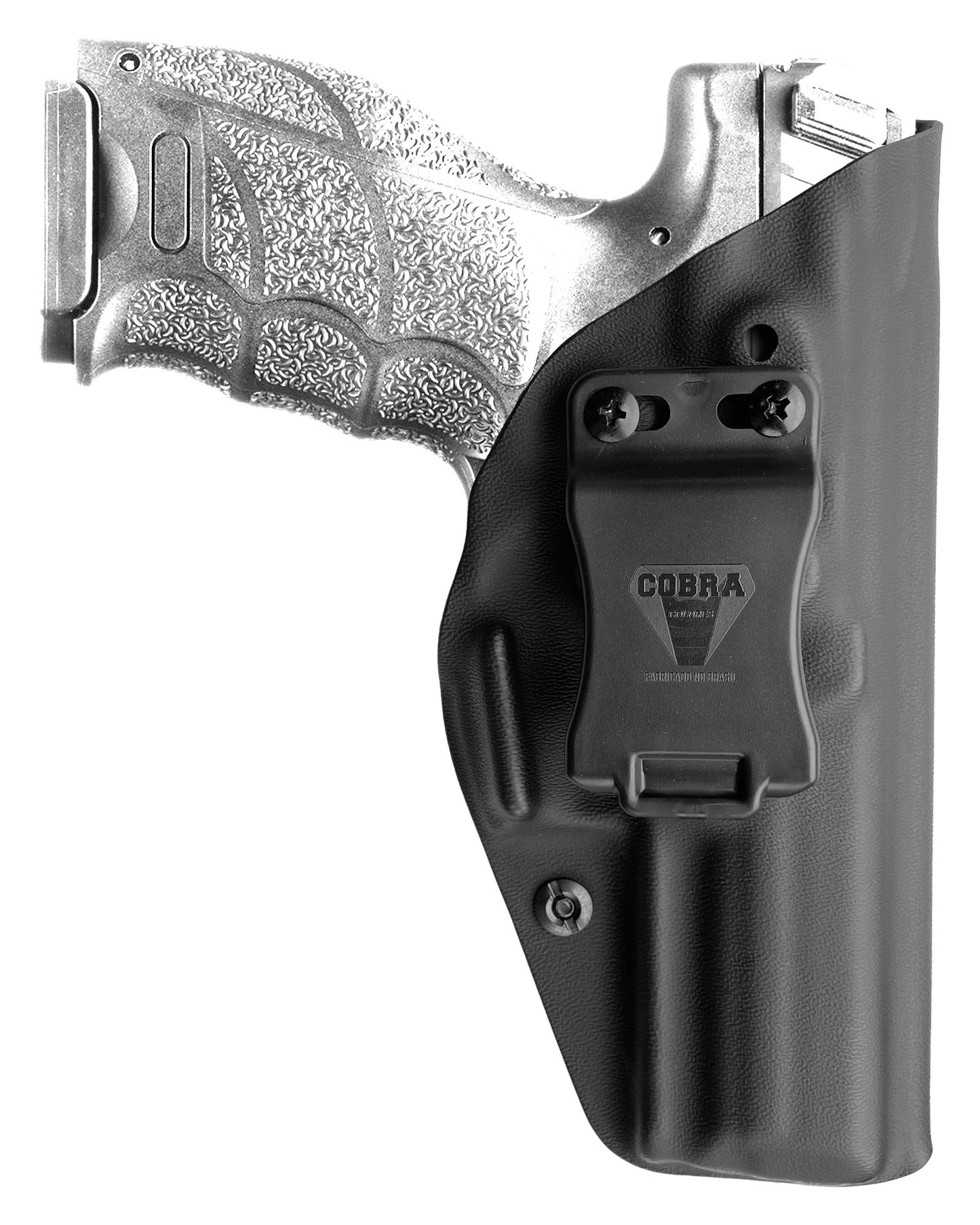 Coldre Kydex Cobra para HK VP9, porte interno (IWB), mao destro, cor preto, frente.