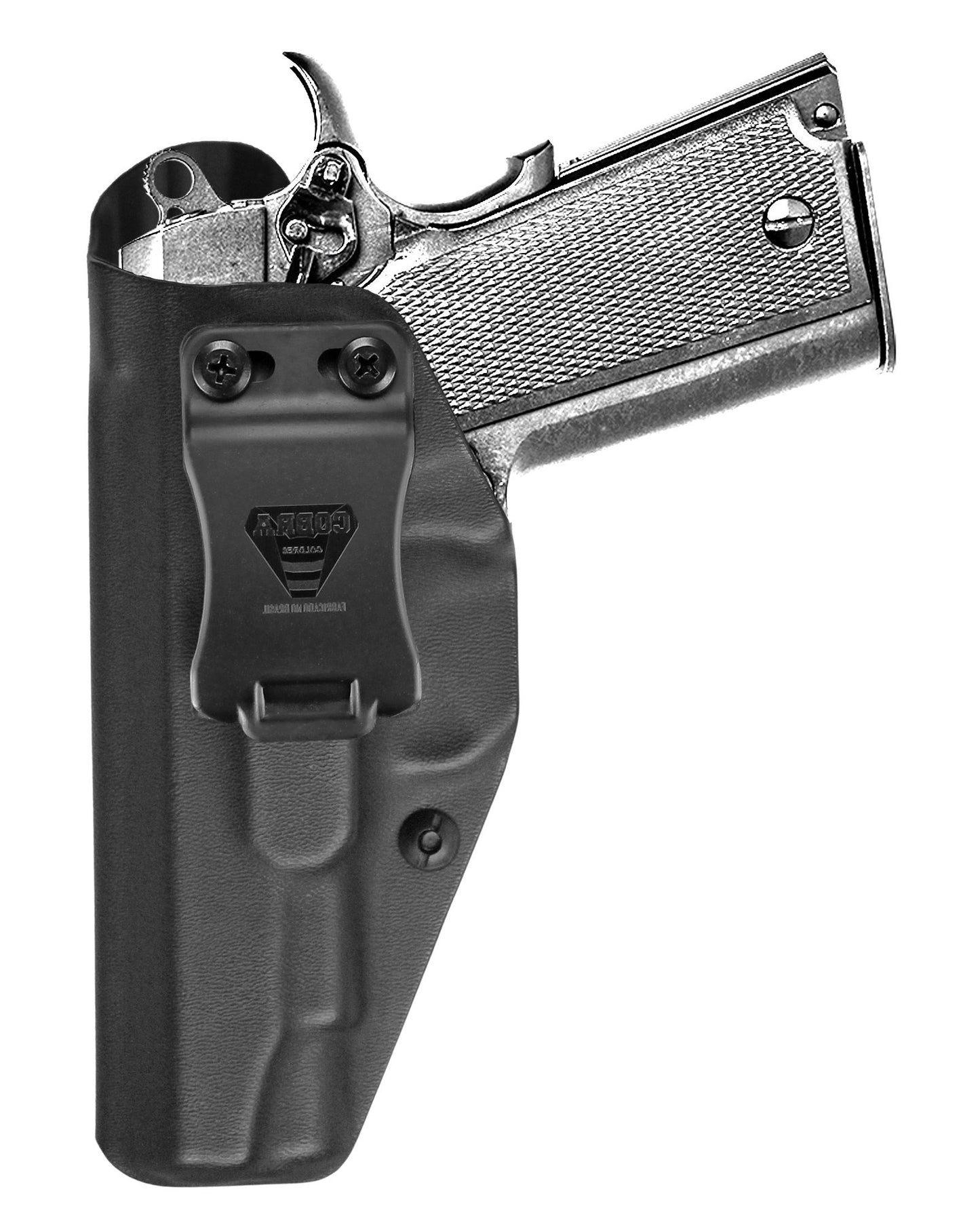 Coldre Kydex Cobra para Imbel MD1 GC .380, porte interno (IWB), mao canhoto, cor preto, frente.
