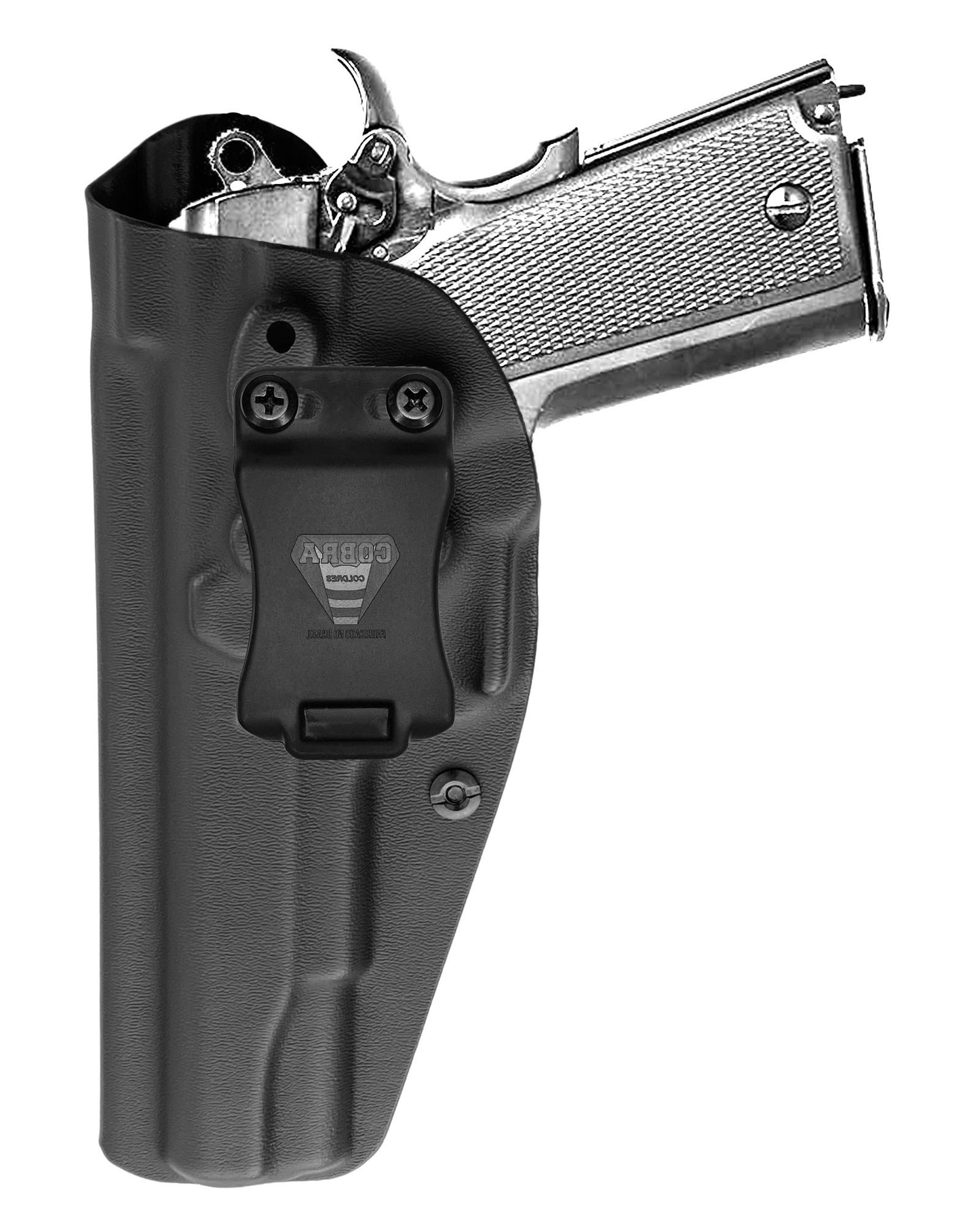 Coldre Kydex Cobra para Imbel MD1 GC 9mm, porte interno (IWB), mao canhoto, cor preto, frente.