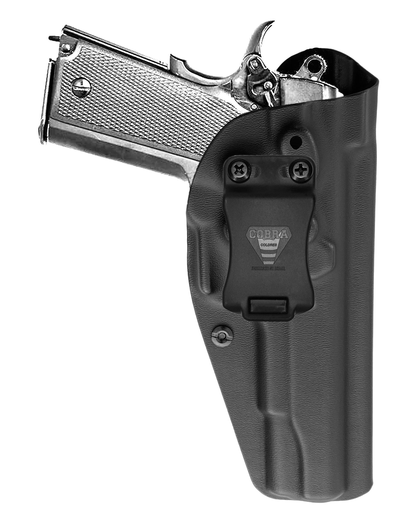 Coldre Kydex Cobra para Imbel MD1 GC 9mm, porte interno (IWB), mao destro, cor preto, frente.