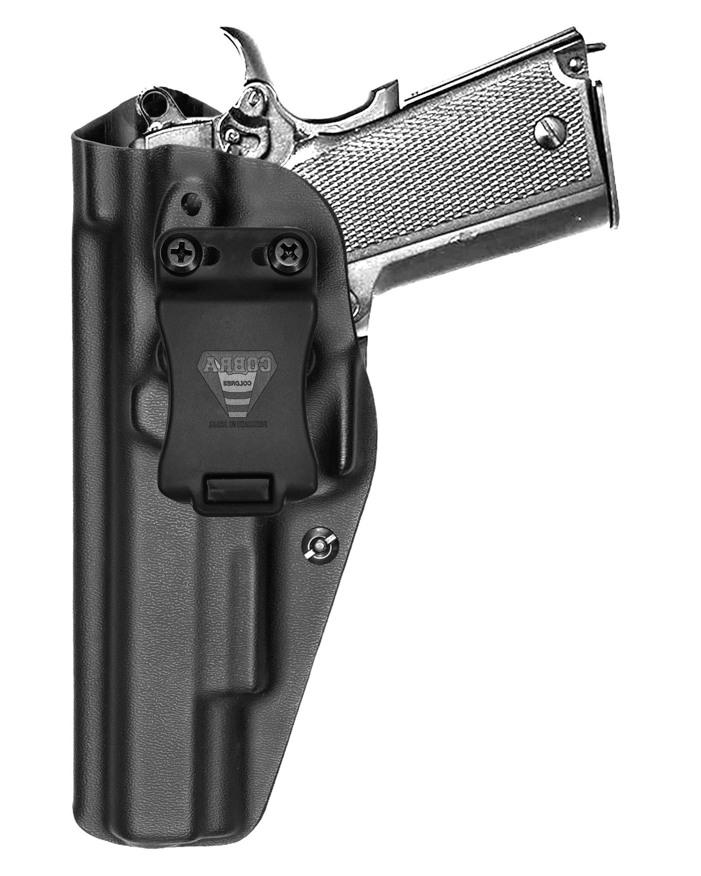 Coldre Kydex Cobra para Imbel MD2 LX, porte interno (IWB), mao canhoto, cor preto, frente.