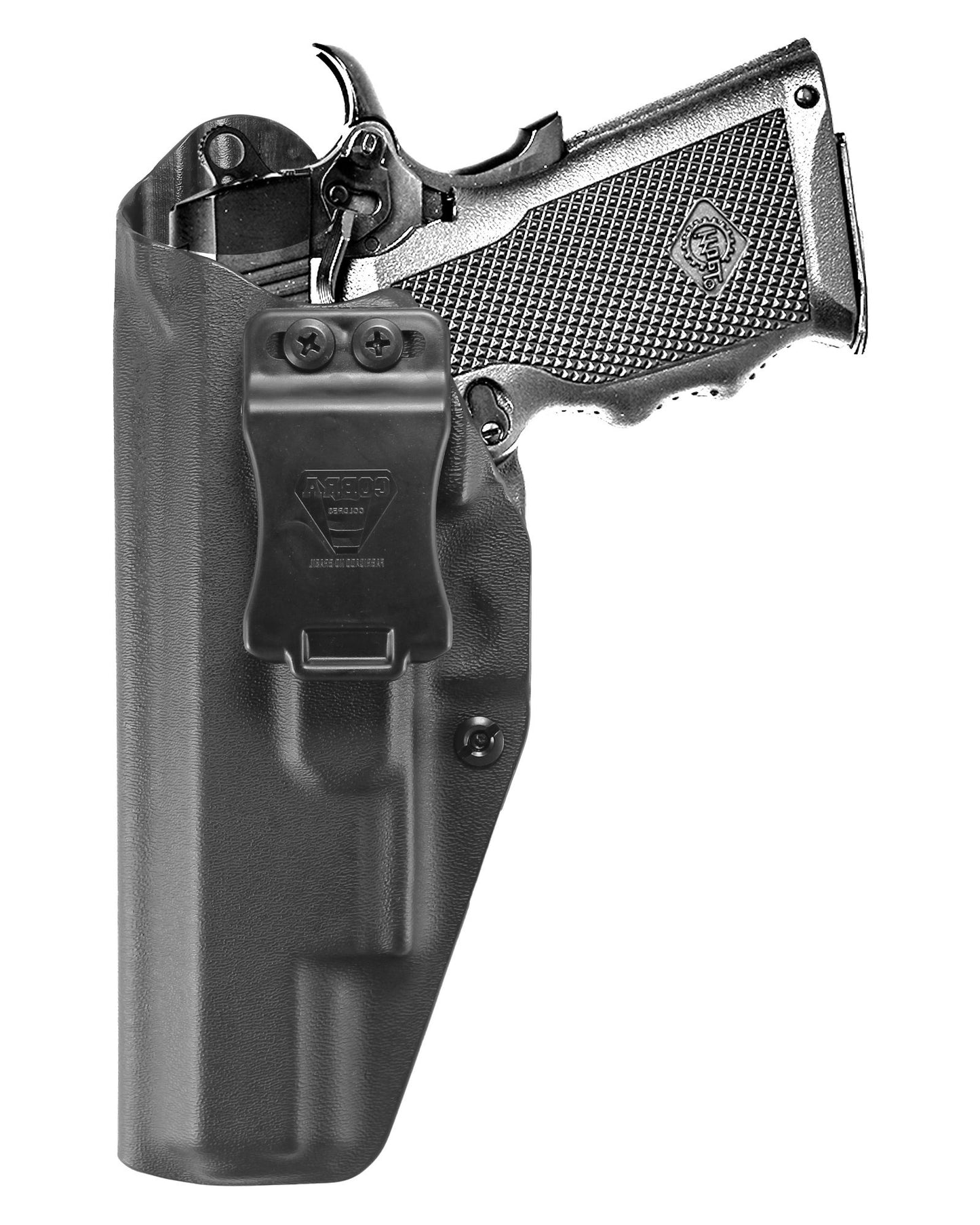 Coldre Kydex Cobra para Imbel MD6 GC, porte interno (IWB), mao canhoto, cor preto, frente.