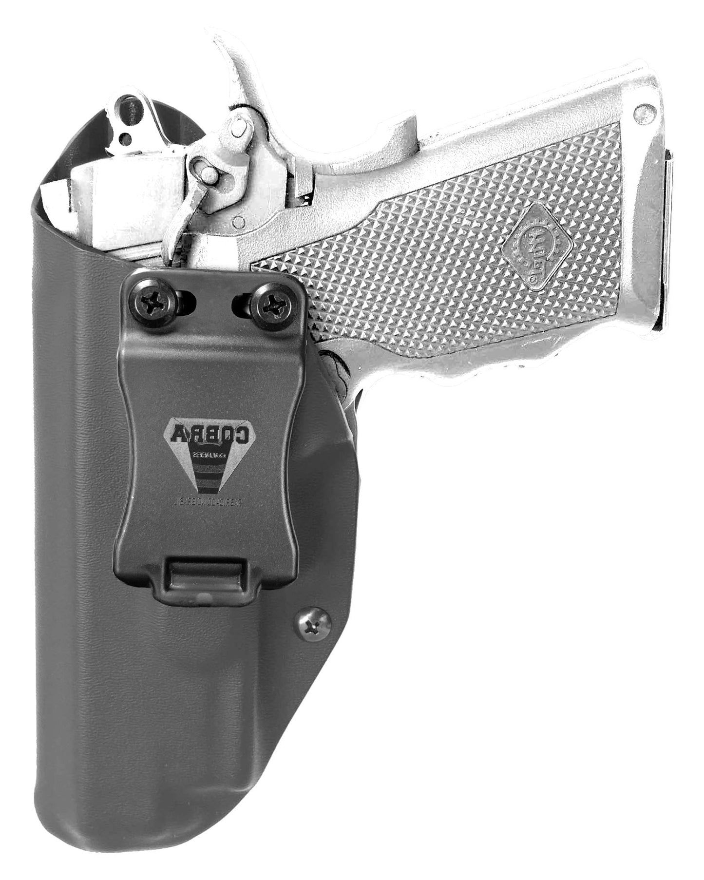 Coldre Kydex Cobra para Imbel MD6 TC, porte interno (IWB), mao canhoto, cor preto, frente.