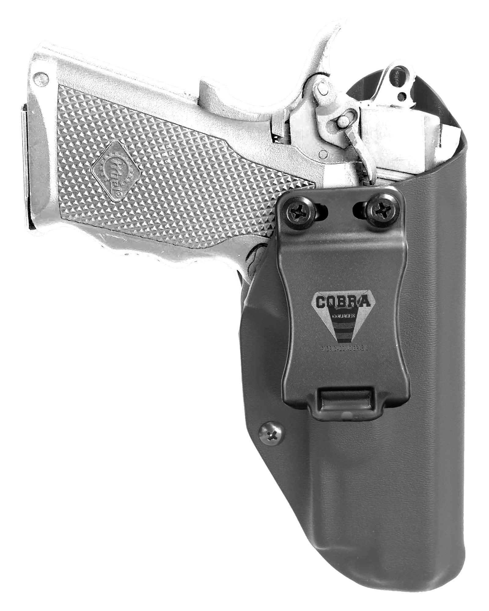 Coldre Kydex Cobra para Imbel MD6 TC, porte interno (IWB), mao destro, cor preto, frente.