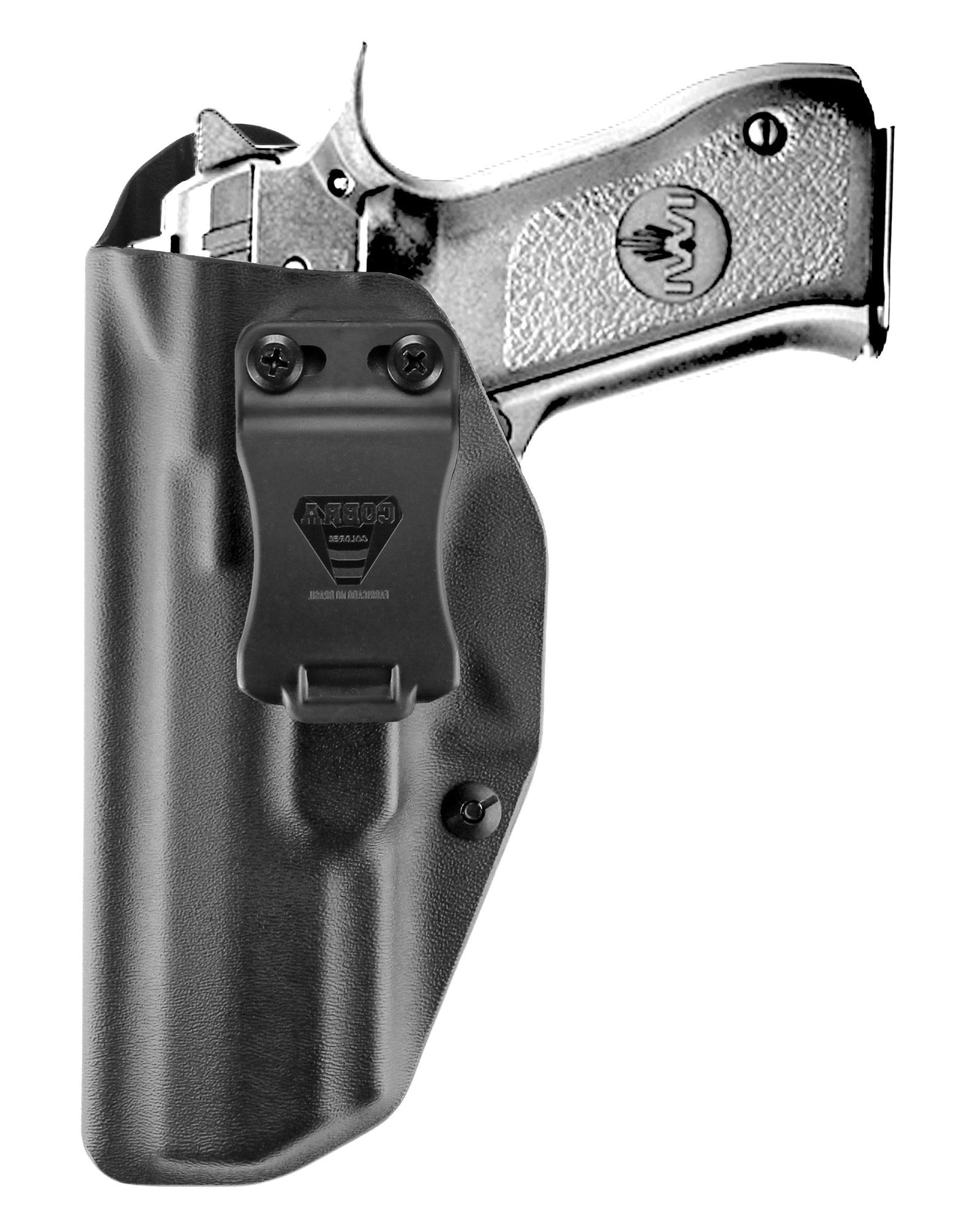 Coldre Kydex Cobra para IWI Jericho 941F, porte interno (IWB), mao canhoto, cor preto, frente.
