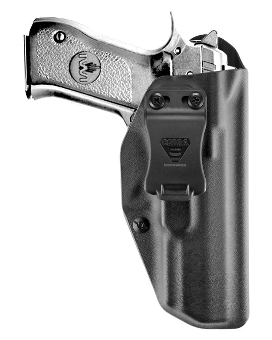 Coldre Kydex Cobra para IWI Jericho 941F, porte interno (IWB), mao destro, cor preto, frente.