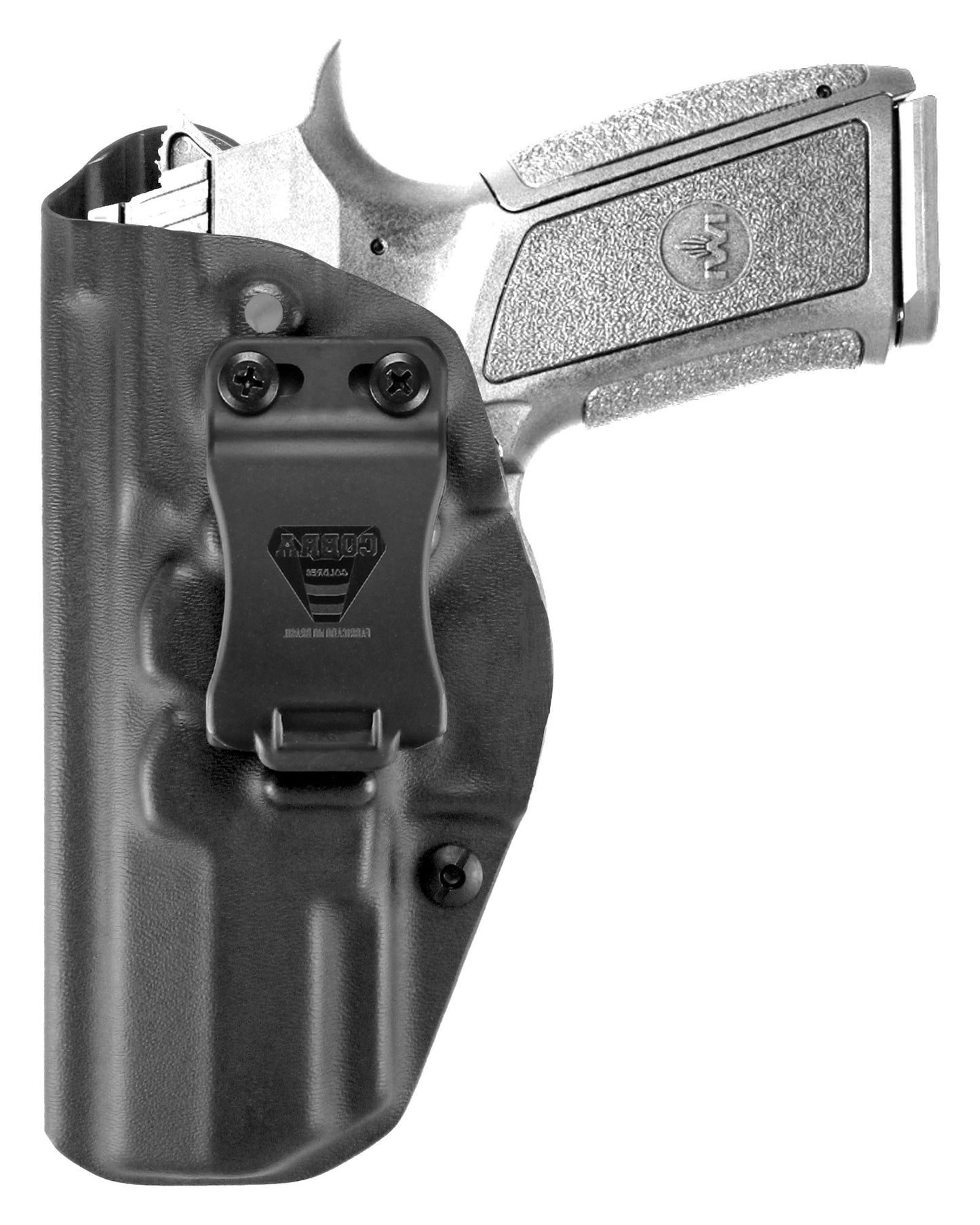 Coldre Kydex Cobra para IWI Jericho PSL, porte interno (IWB), mao canhoto, cor preto, frente.