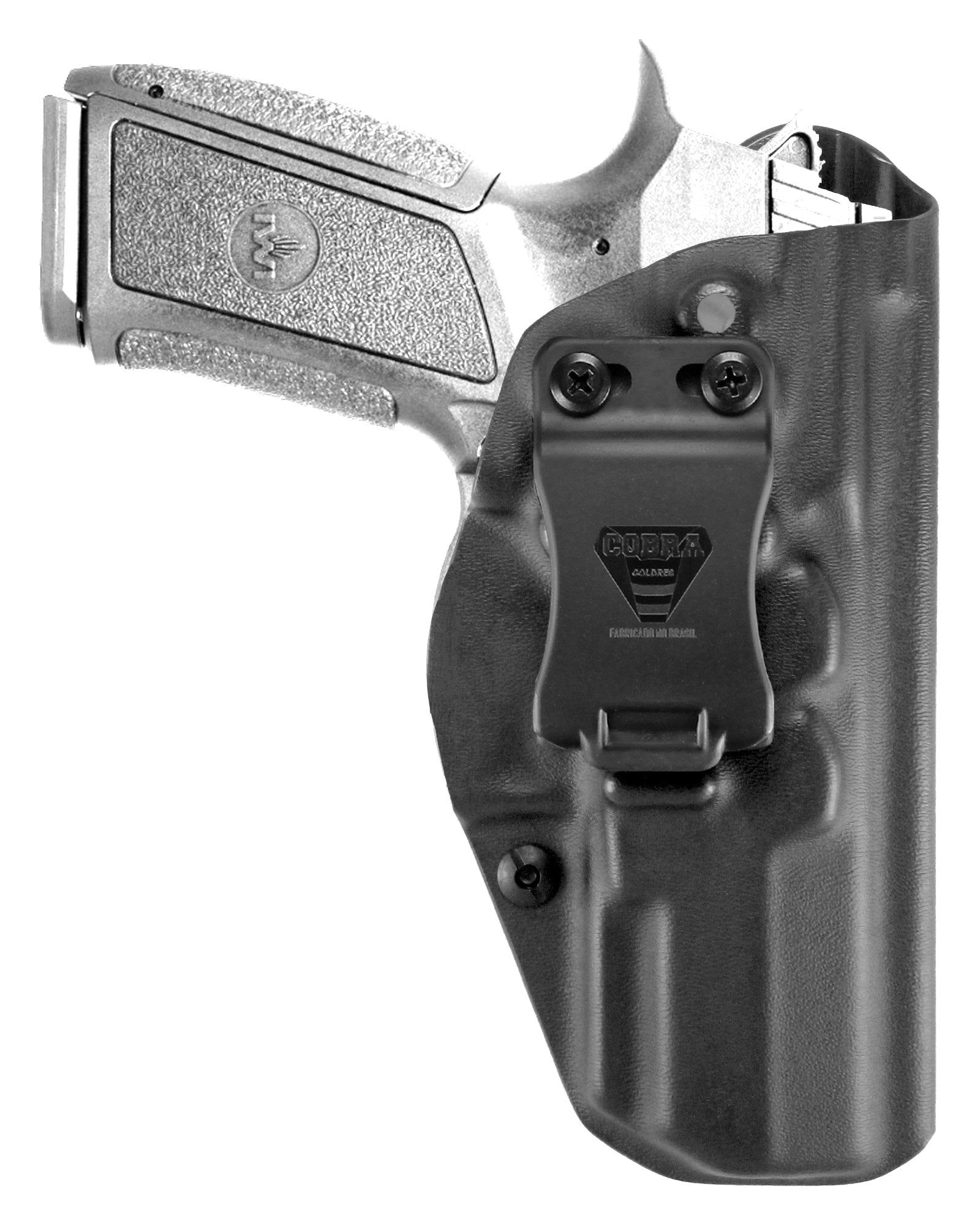 Coldre Kydex Cobra para IWI Jericho PSL, porte interno (IWB), mao destro, cor preto, frente.