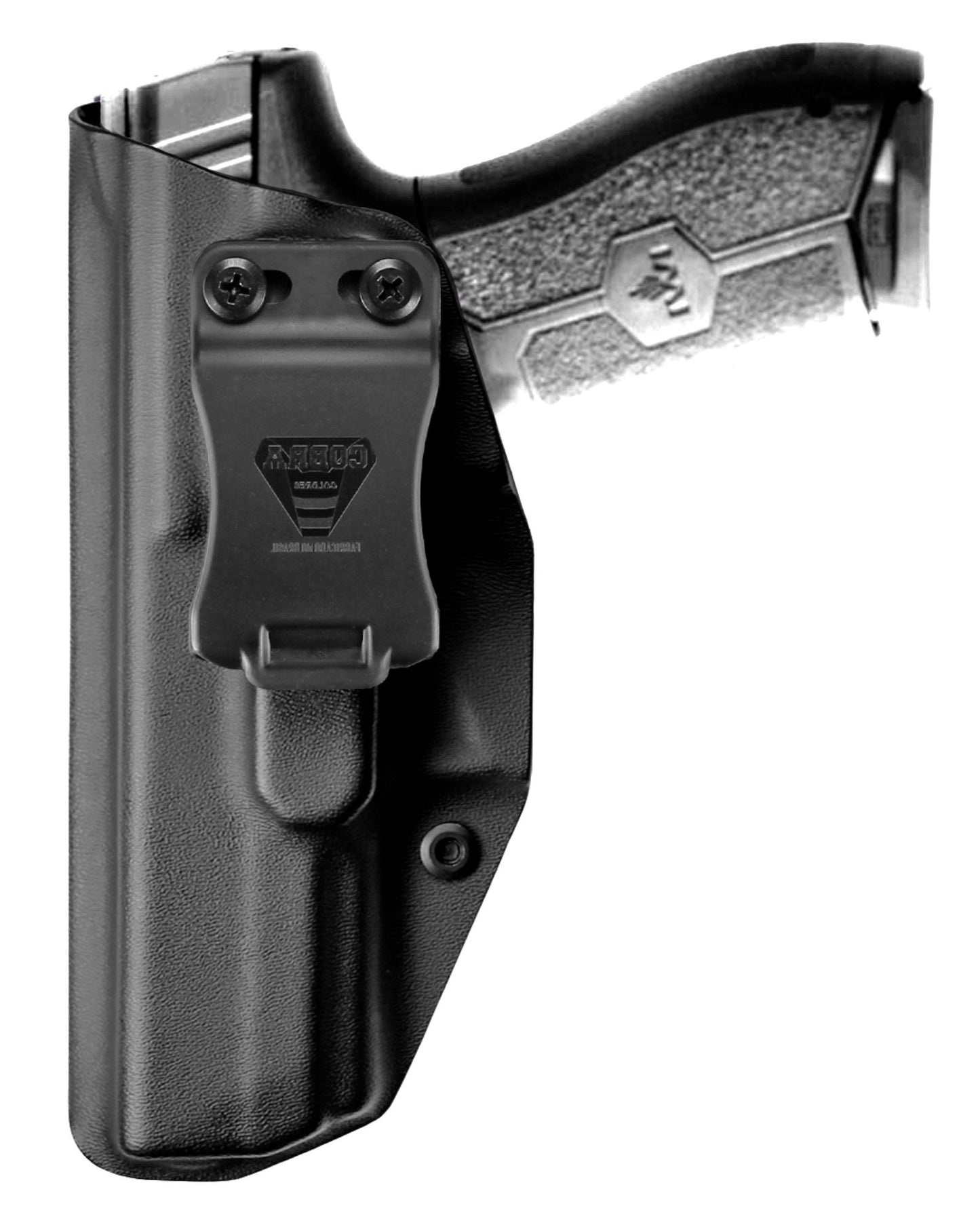 Coldre Kydex Cobra para IWI Masada, porte interno (IWB), mao canhoto, cor preto, frente.