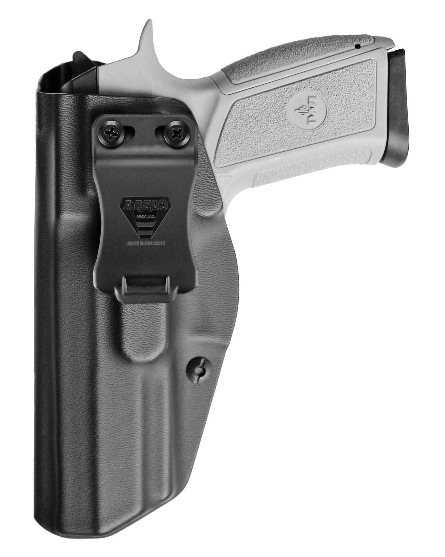 Coldre Kydex Cobra para IWI Jericho 941 PL, porte interno (IWB), mao canhoto, cor preto, frente.