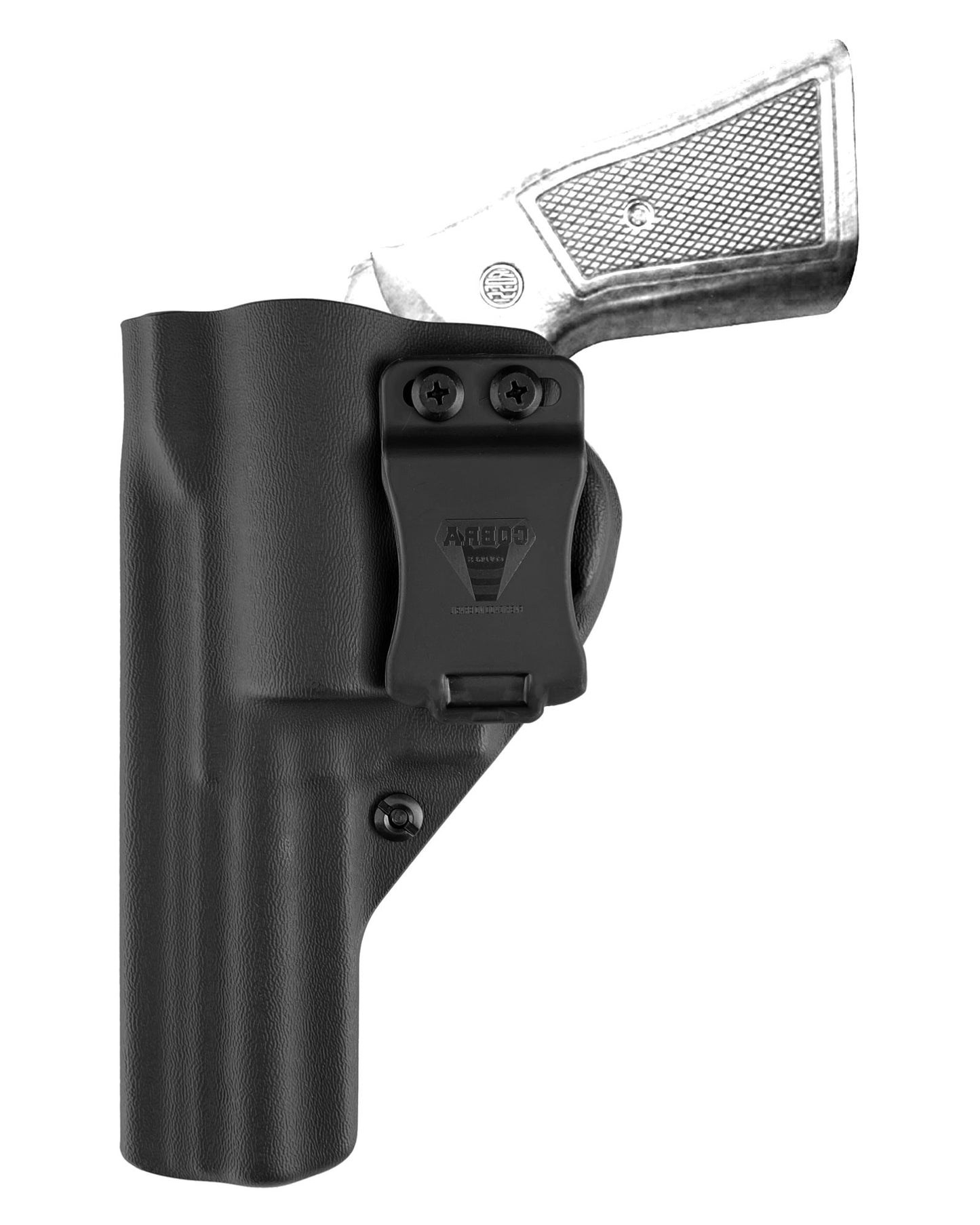 Coldre Kydex Cobra para Rossi RM64, porte interno (IWB), mao canhoto, cor preto, frente.