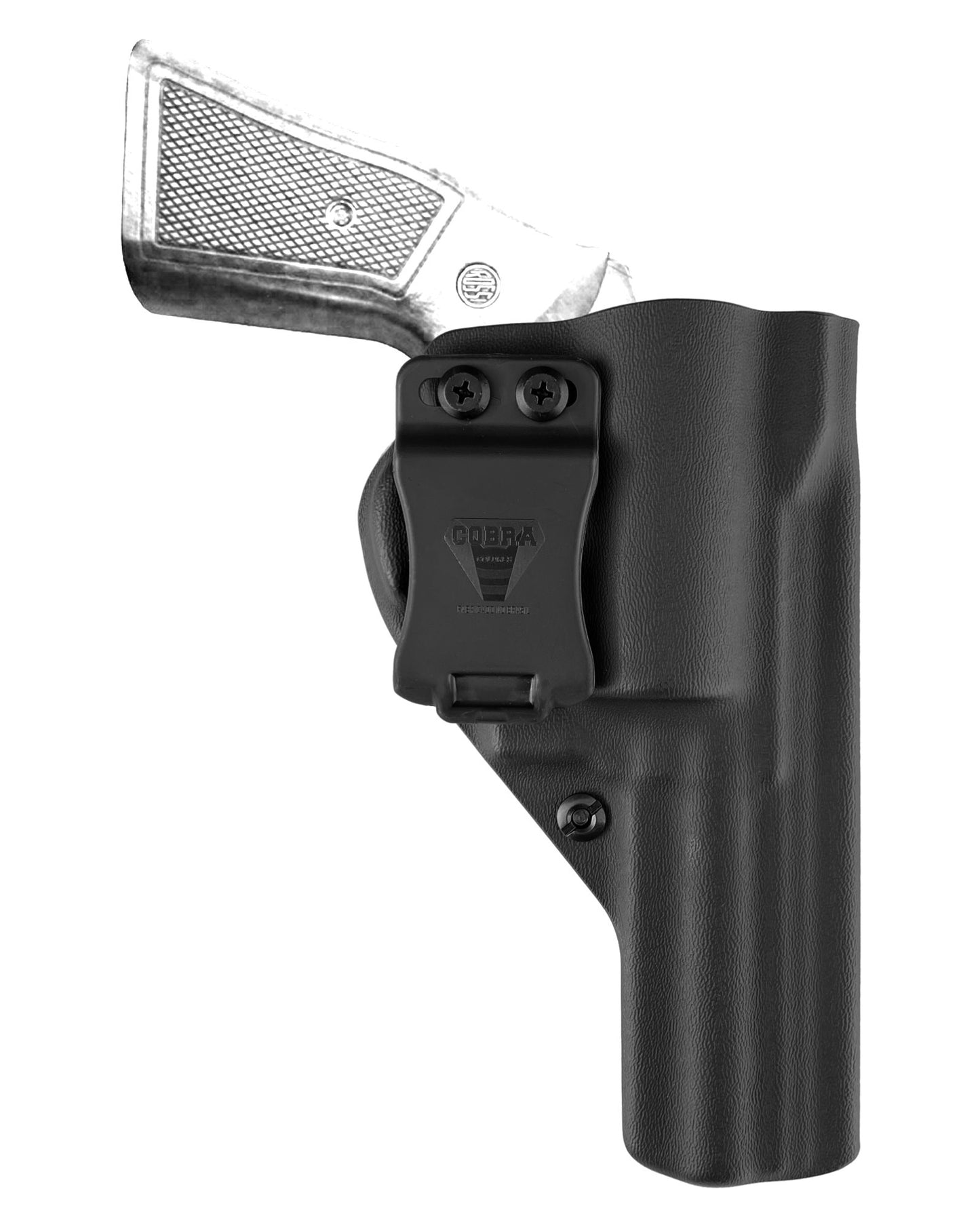 Coldre Kydex Cobra para Rossi RM64, porte interno (IWB), mao destro, cor preto, frente.