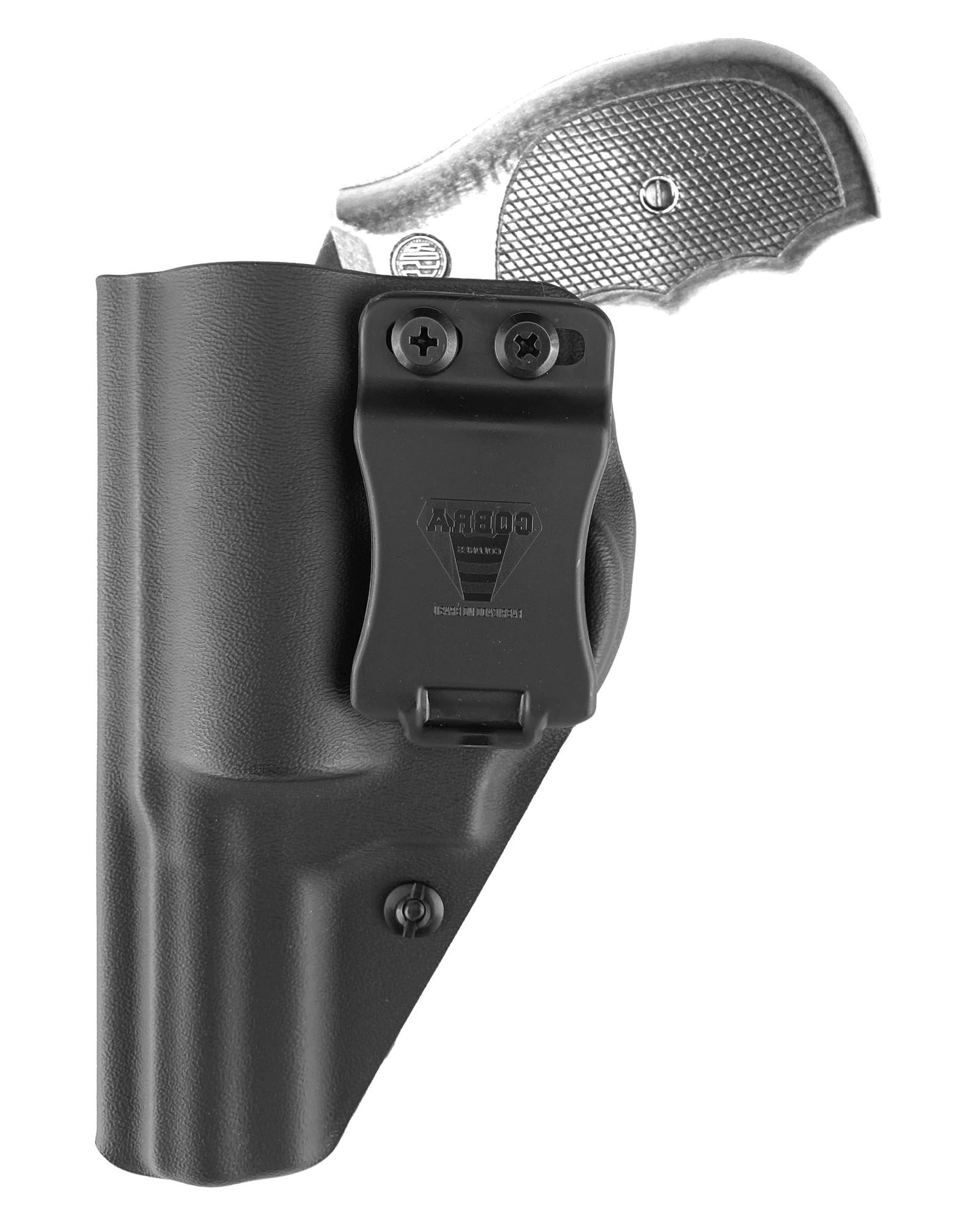 Coldre Kydex Cobra para Rossi RP63, porte interno (IWB), mao canhoto, cor preto, frente.