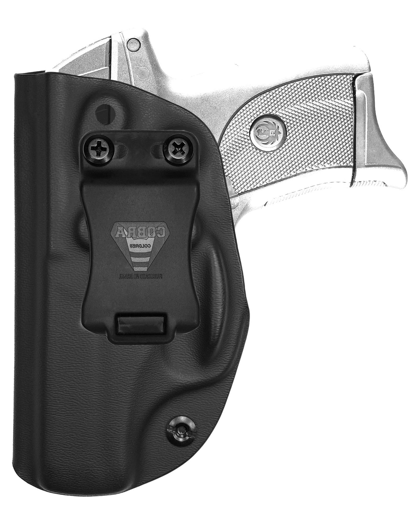 Coldre Kydex Cobra para Ruger EC9s, porte interno (IWB), mao canhoto, cor preto, frente.