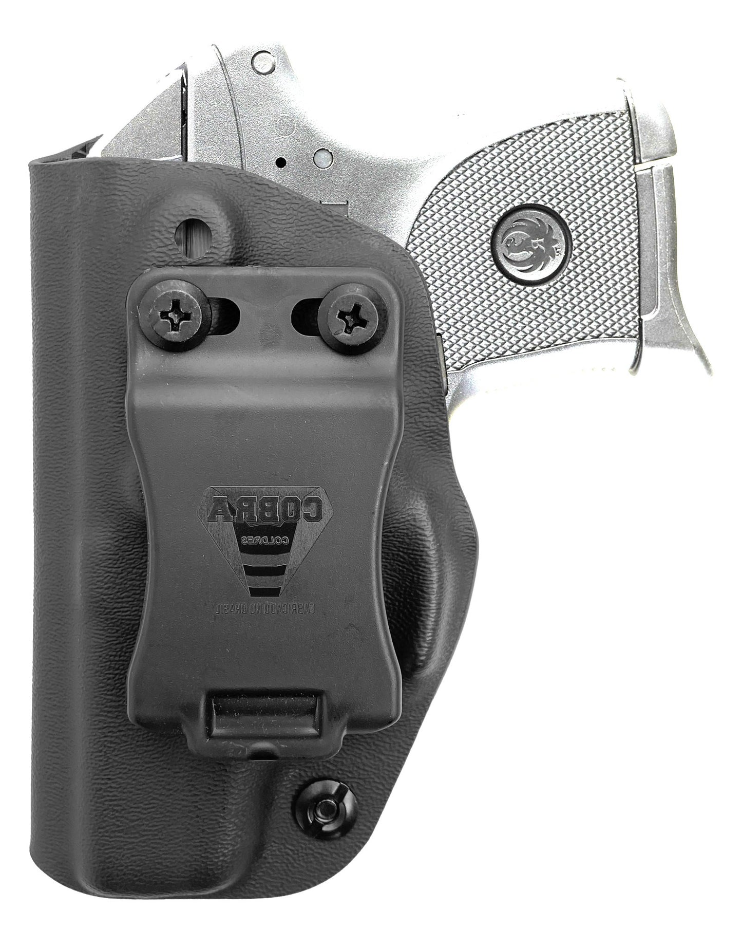 Coldre Kydex Cobra para Ruger LCP, porte interno (IWB), mao canhoto, cor preto, frente.
