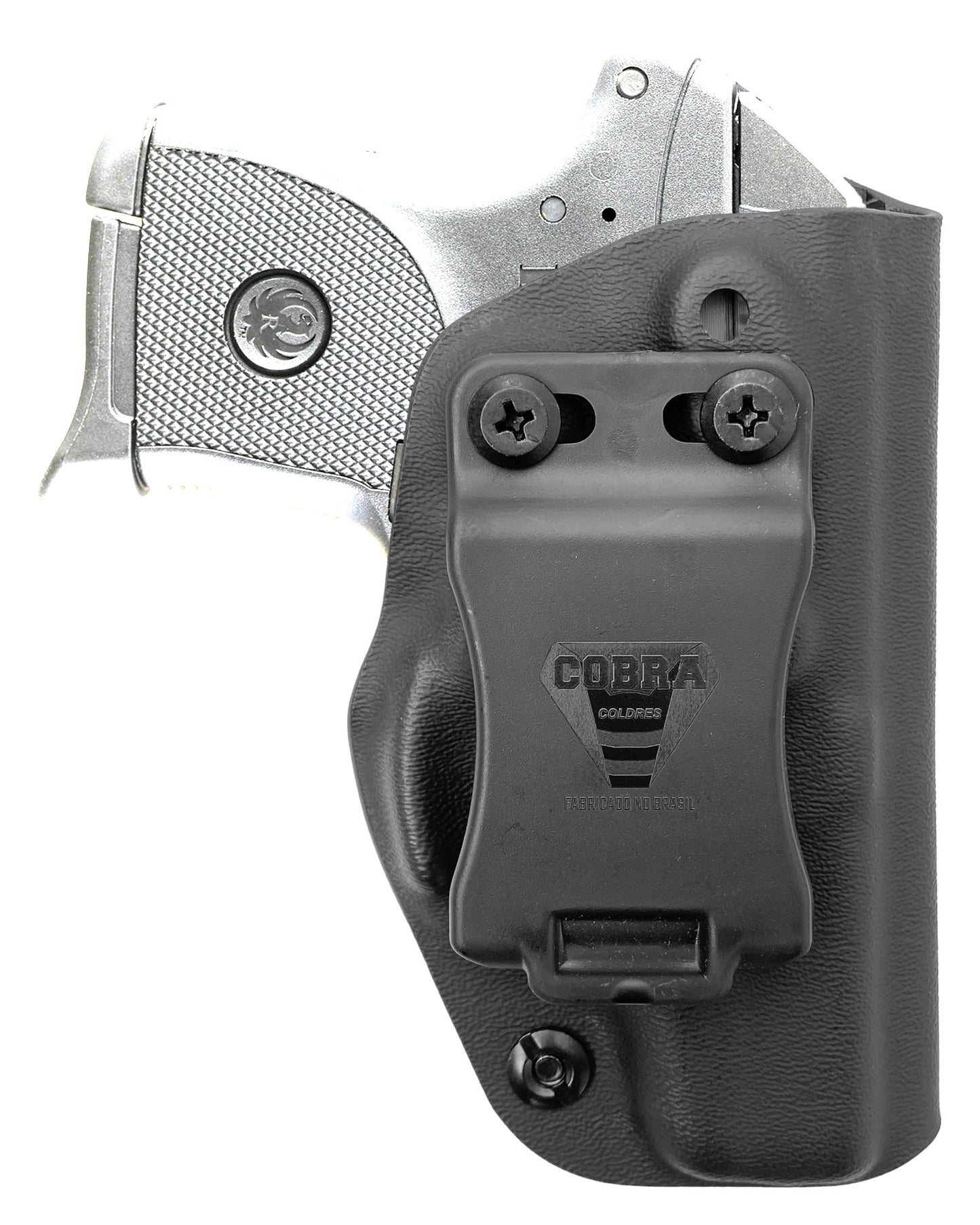 Coldre Kydex Cobra para Ruger LCP, porte interno (IWB), mao destro, cor preto, frente.