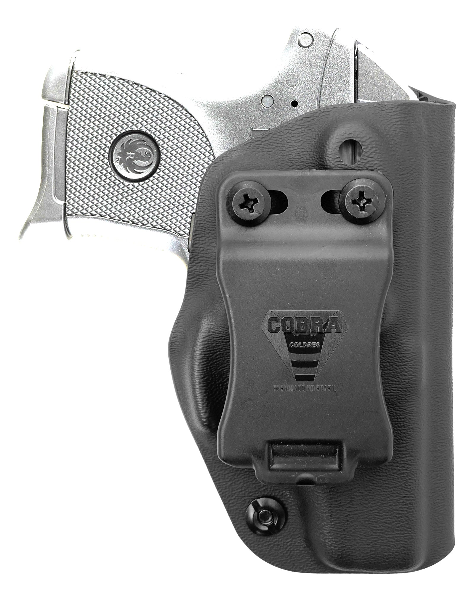Coldre Kydex Cobra para Ruger LCP, porte interno (IWB), mao destro, cor preto, frente.