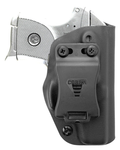 Coldre Kydex Cobra para Ruger LCP, porte interno (IWB), mao destro, cor preto, frente.
