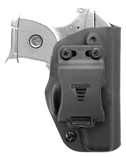 Coldre Kydex Cobra para Ruger LCP, porte interno (IWB), mao destro, cor preto, frente.
