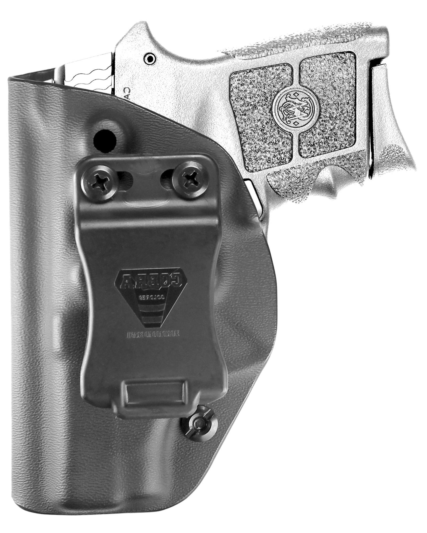 Coldre Kydex Cobra para S&W Bodyguard, porte interno (IWB), mao canhoto, cor preto, frente.