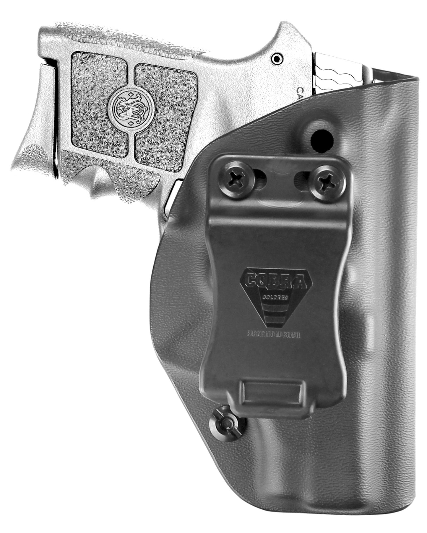 Coldre Kydex Cobra para S&W Bodyguard, porte interno (IWB), mao destro, cor preto, frente.