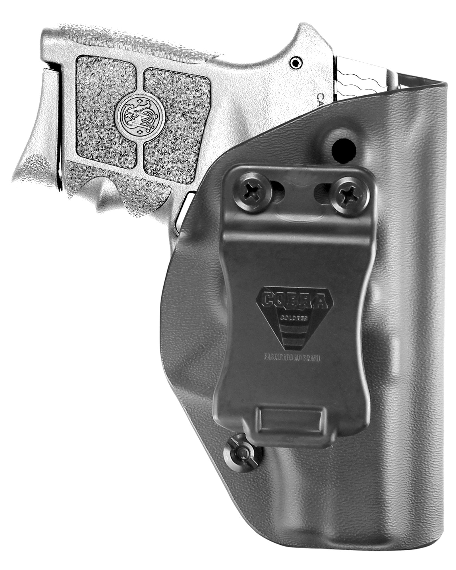 Coldre Kydex Cobra para S&W Bodyguard, porte interno (IWB), mao destro, cor preto, frente.