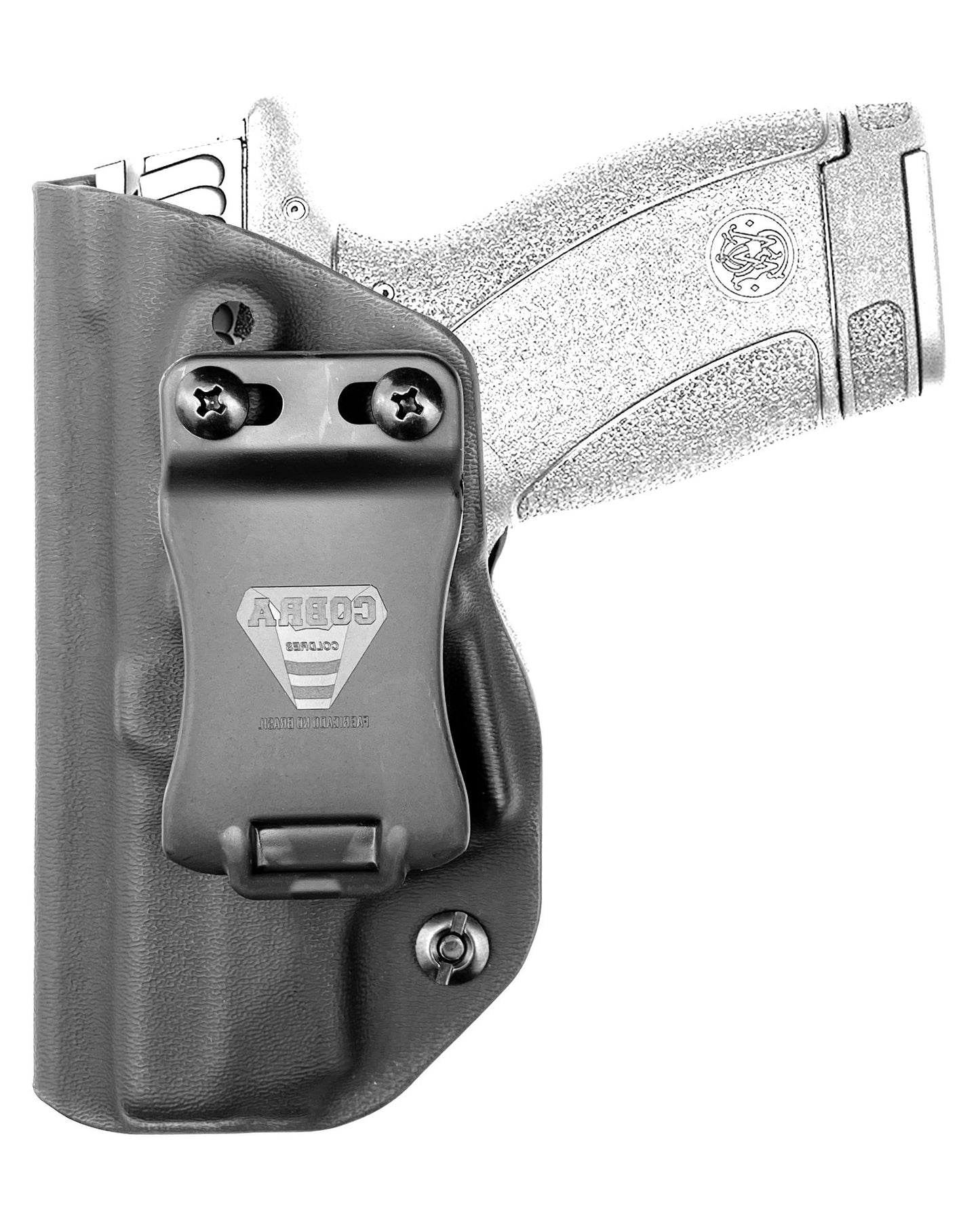 Coldre Kydex Cobra para S&W Bodyguard 2.0, porte interno (IWB), mao canhoto, cor preto, frente.