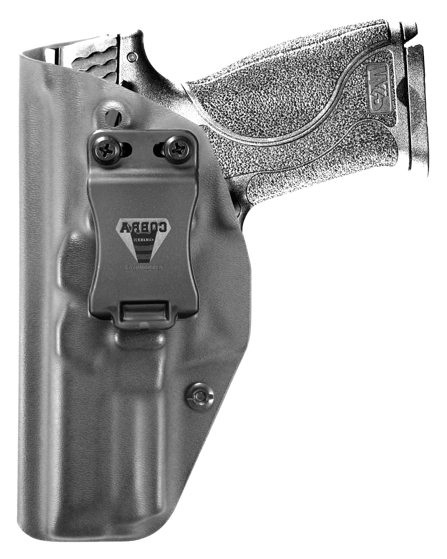 Coldre Kydex Cobra para S&W M&P M2.0, porte interno (IWB), mao canhoto, cor preto, frente.