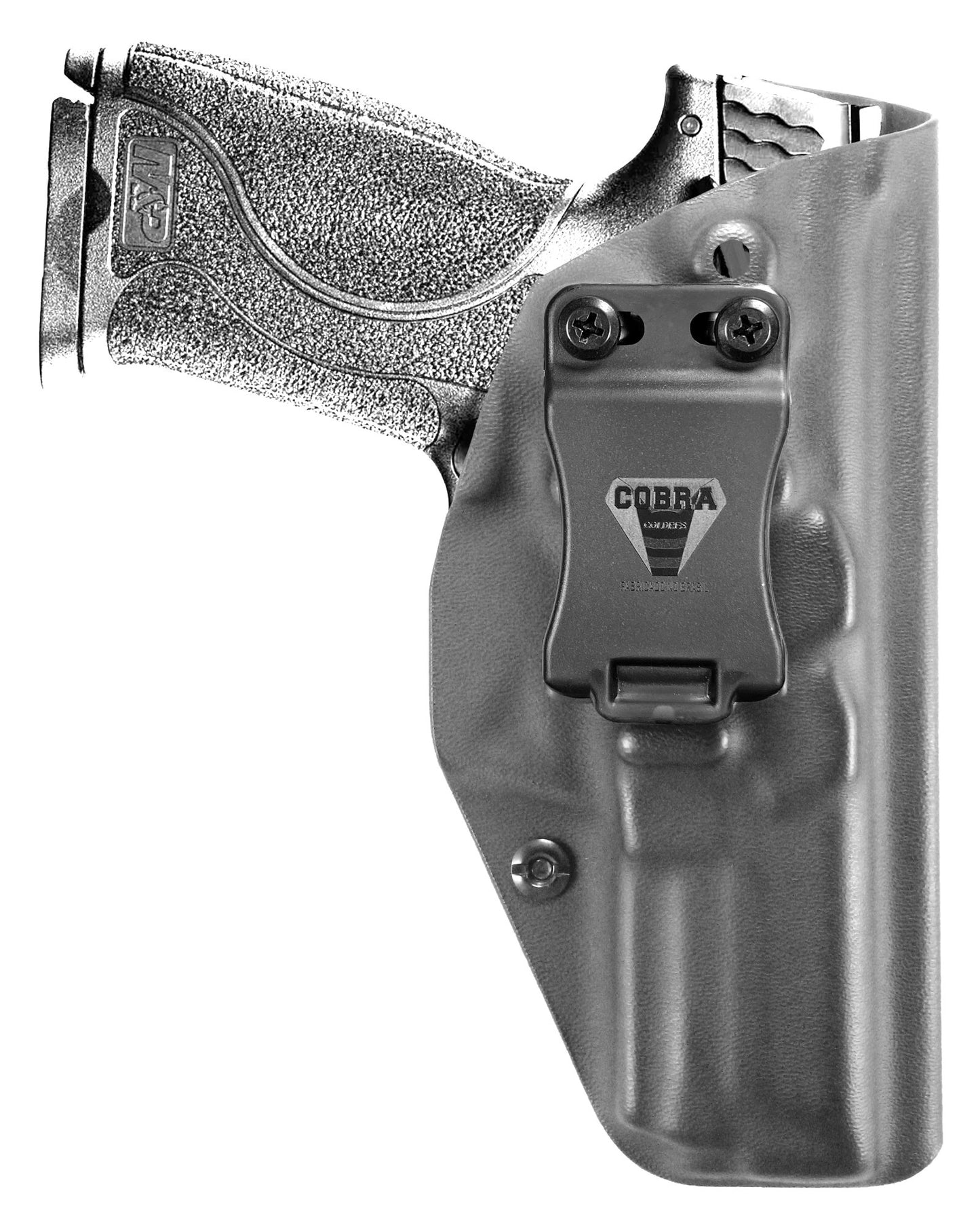 Coldre Kydex Cobra para S&W M&P M2.0, porte interno (IWB), mao destro, cor preto, frente.