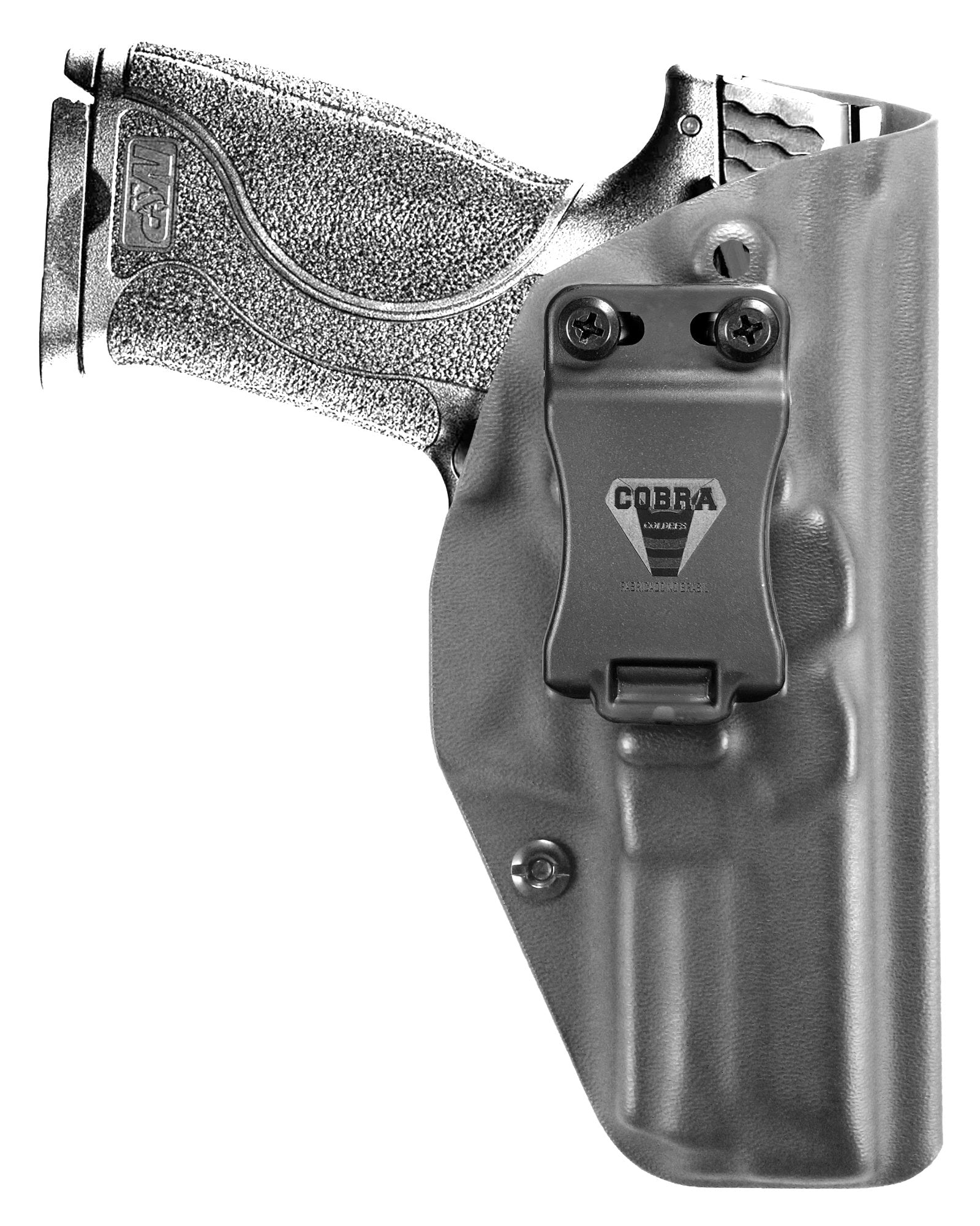 Coldre Kydex Cobra para S&W M&P M2.0, porte interno (IWB), mao destro, cor preto, frente.