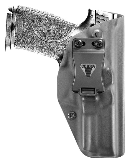 Coldre Kydex Cobra para S&W M&P M2.0, porte interno (IWB), mao destro, cor preto, frente.