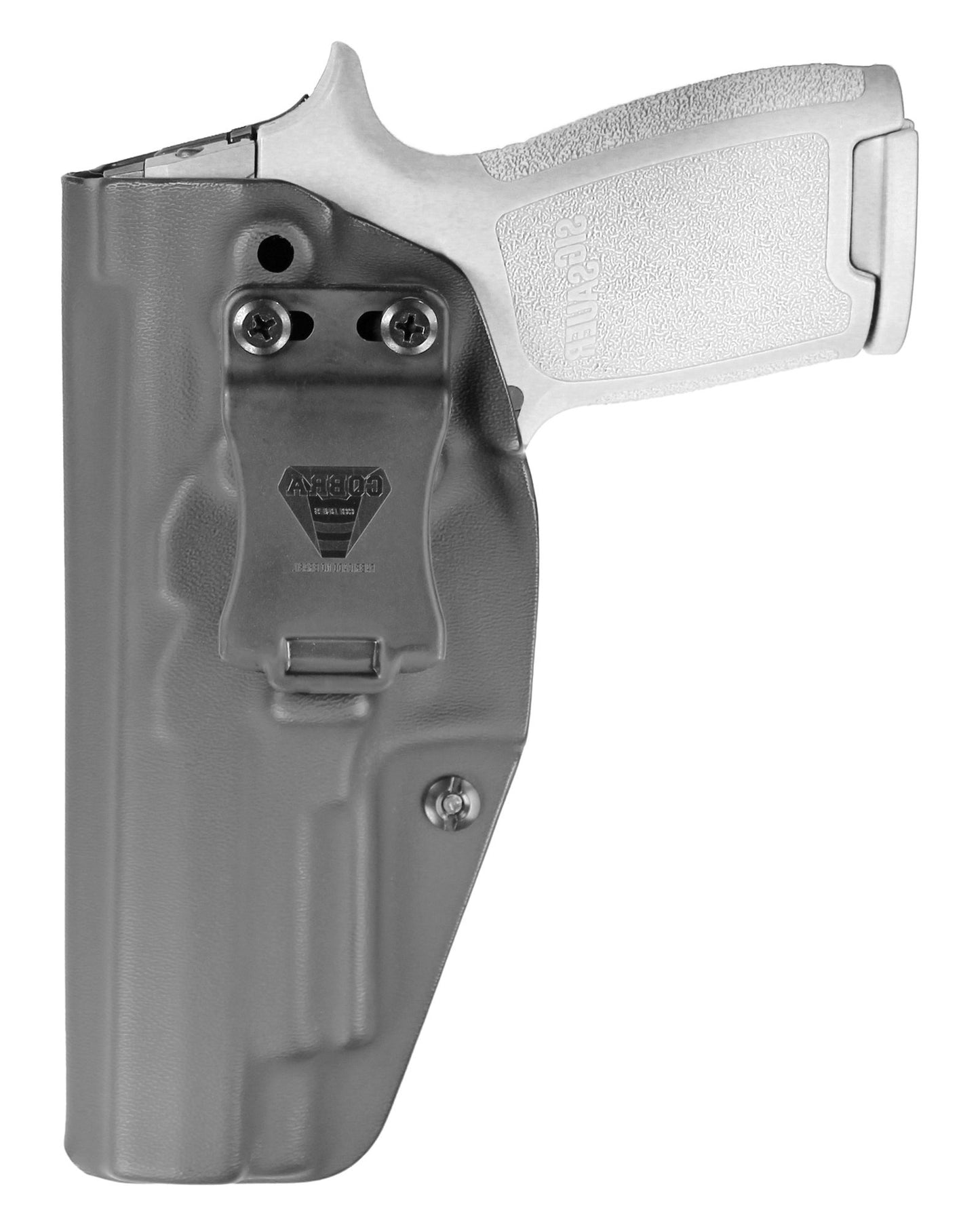 Coldre Kydex Cobra para SIG P320 M17, porte interno (IWB), mao canhoto, cor preto, frente.