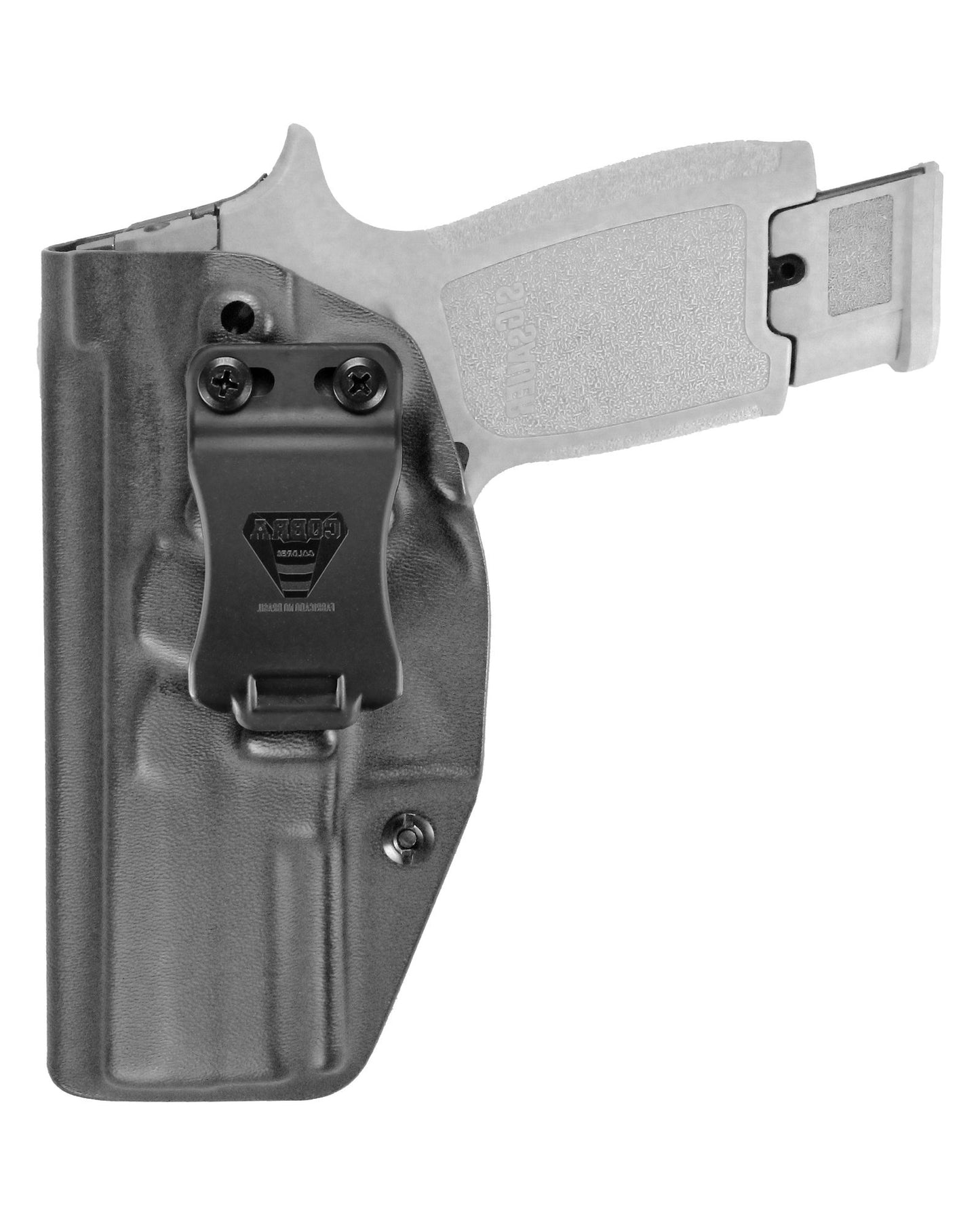 Coldre Kydex Cobra para SIG P320 M18, porte interno (IWB), mao canhoto, cor preto, frente.