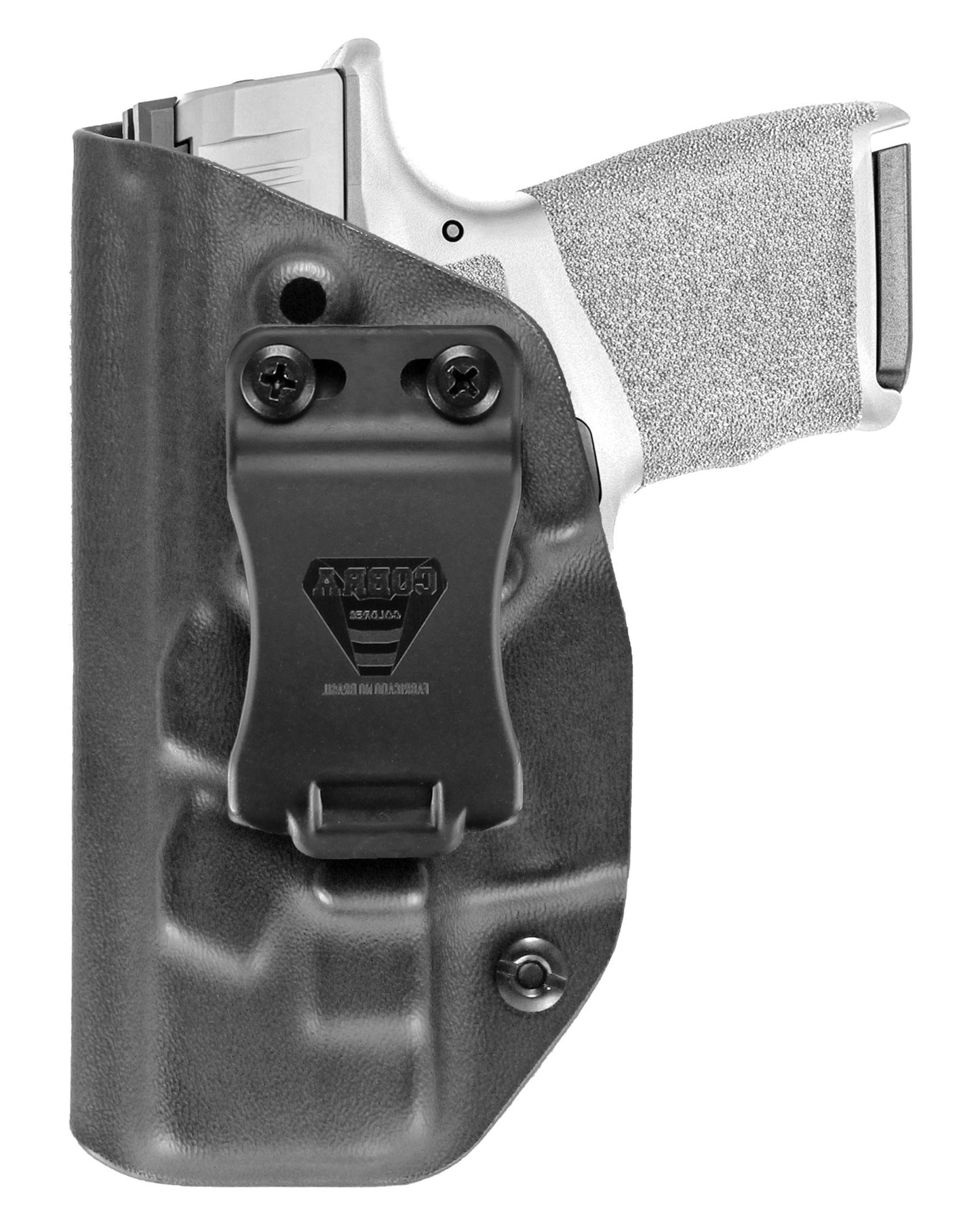 Coldre Kydex Cobra para Springfield Hellcat, porte interno (IWB), mao canhoto, cor preto, frente.