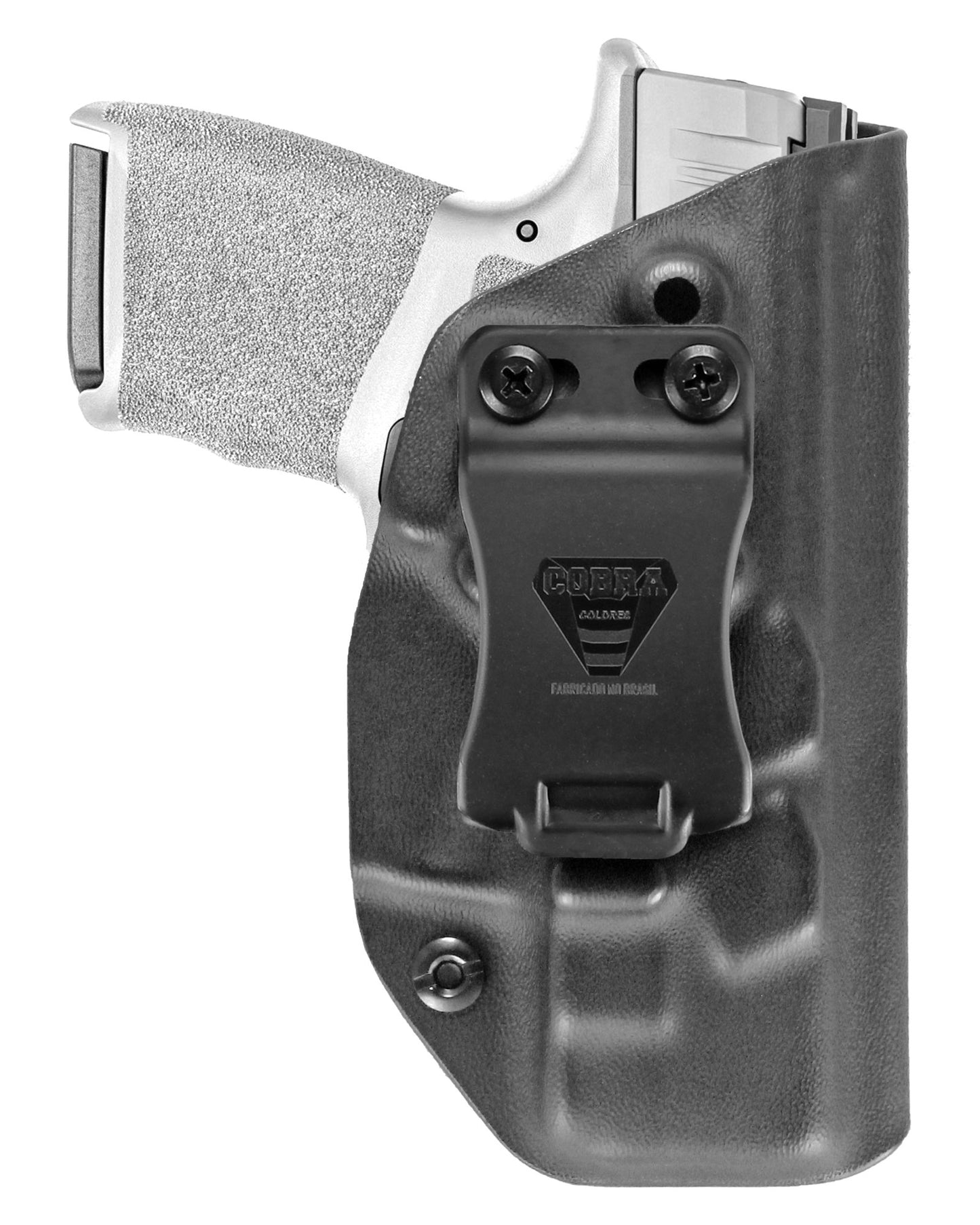 Coldre Kydex Cobra para Springfield Hellcat, porte interno (IWB), mao destro, cor preto, frente.
