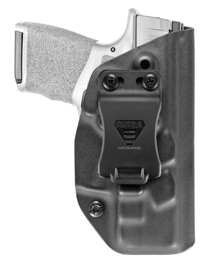 Coldre Kydex Cobra para Springfield Hellcat, porte interno (IWB), mao destro, cor preto, frente.